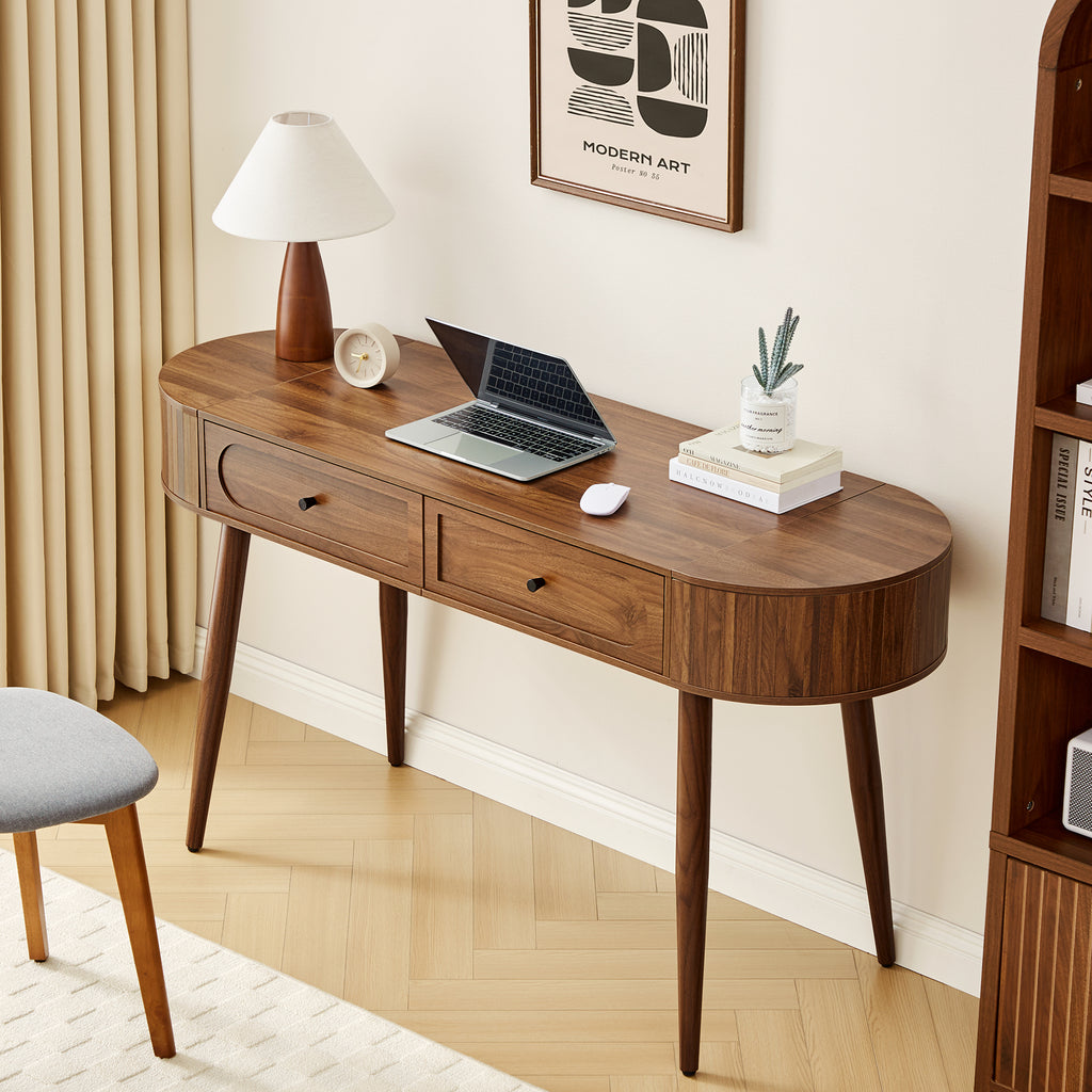 YOCWO Modern Home Office Desk with 2 Drawers and 2 Fflip-top Storage, Oval Computer PC Desk Table, Vanity Desk with Fluted Curved Table Edge