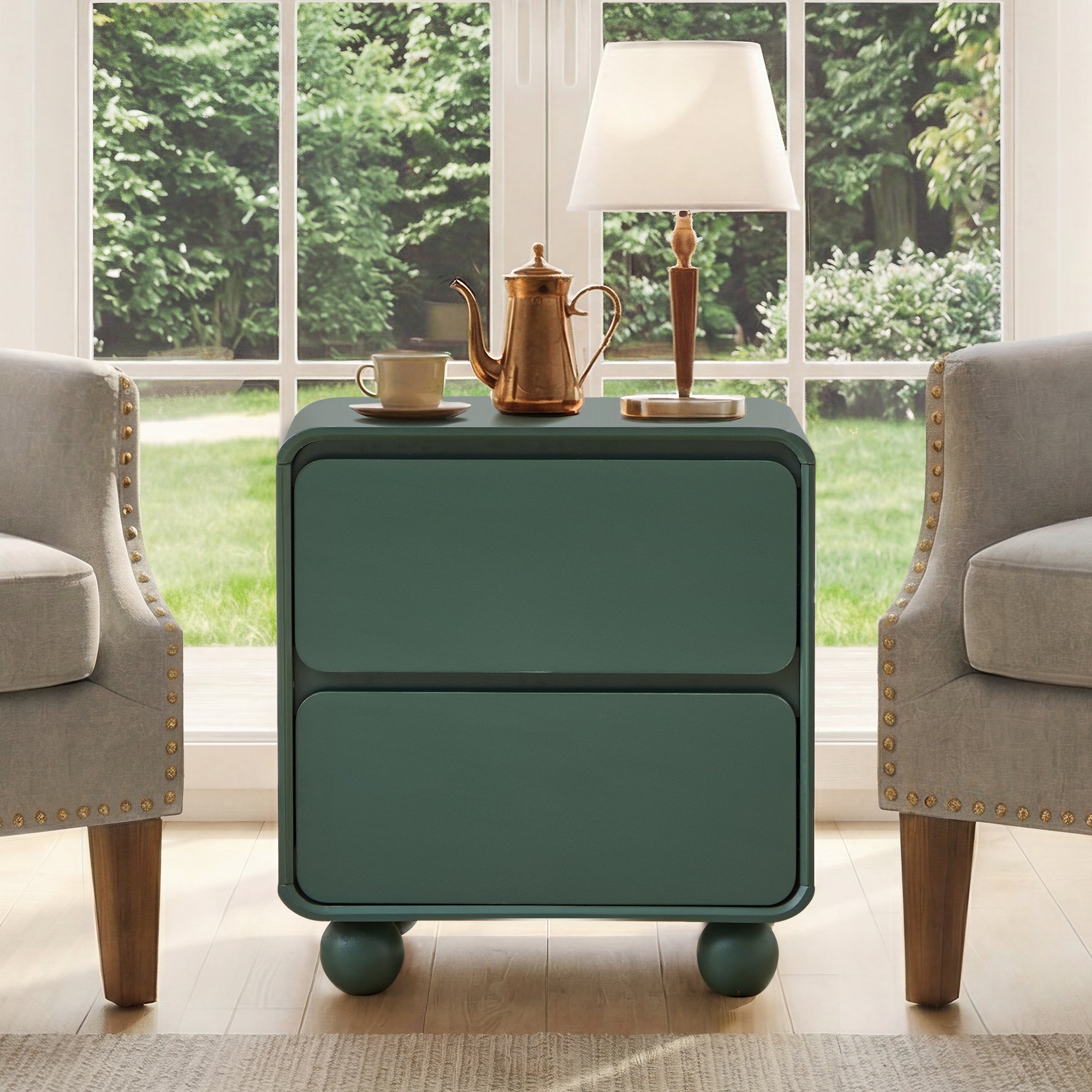 YOCWO 2 Drawer Nightstand for Bedroom, Mid Century Bedside Table with Arc Edge and Round Leg, Wood Storage Chest of Drawer Organizer for Bedroom Living Room Hallway Closet
