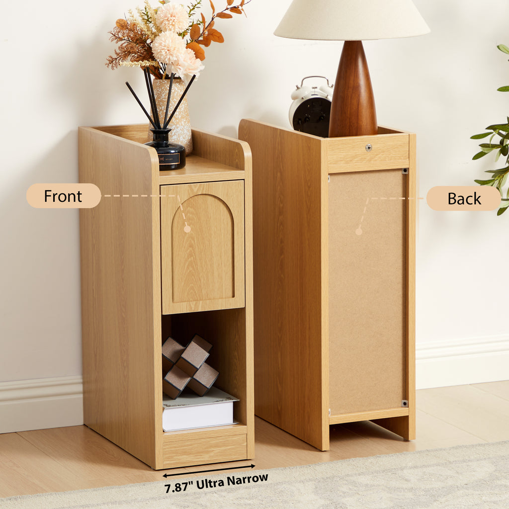 7.87" Ultra Narrow Nightstand Set of 2 with Drawer and Open Shelf, Arched Pattern Design Bedside Table for Bedroom