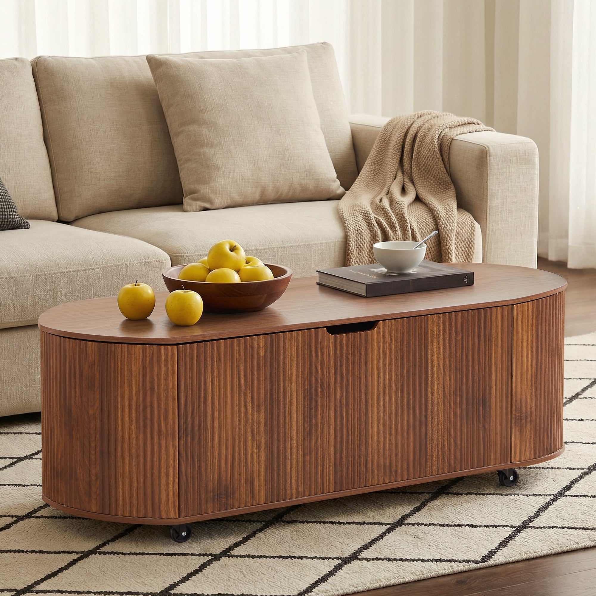 YOCWO Oval Storage Bench with Flip Top and Wheels, Fluted Wave Entryway Bench with Storage End of Bed Bench for Bedroom& Living Room
