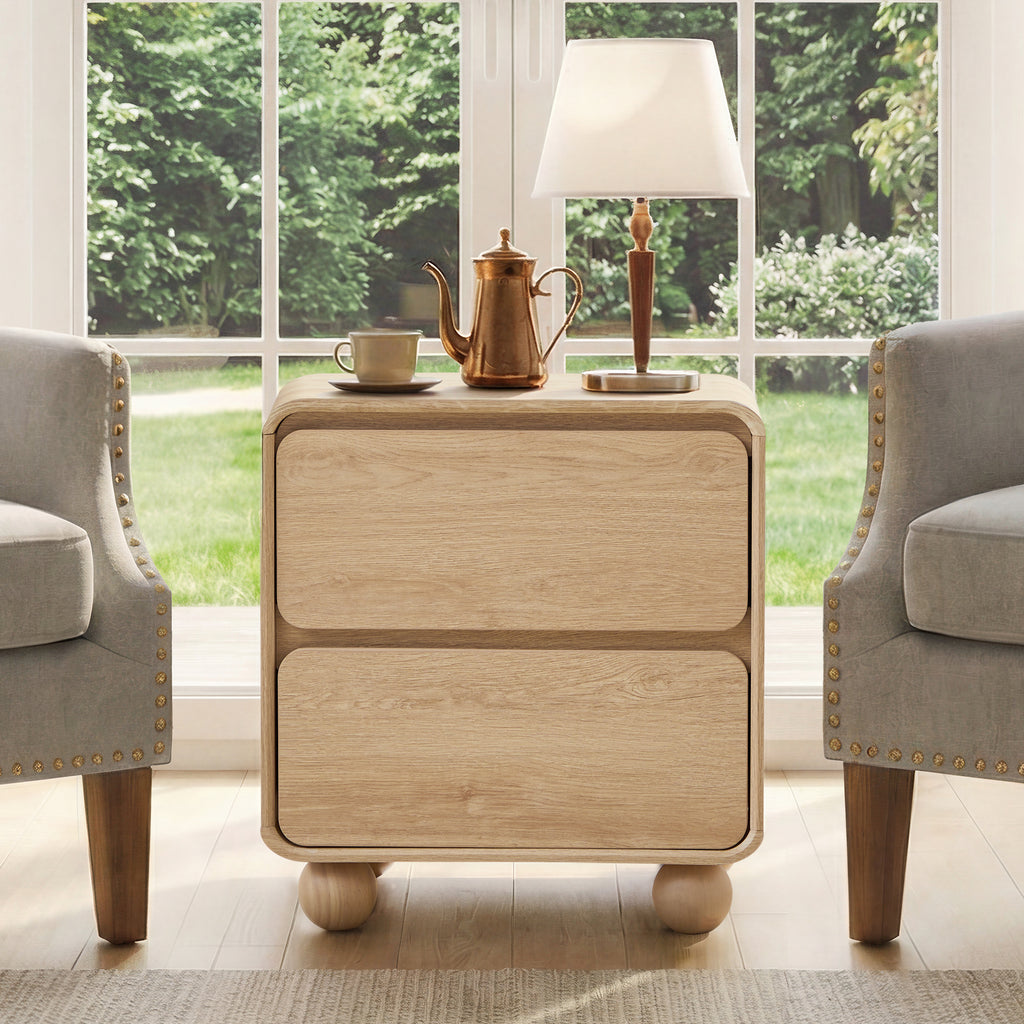 YOCWO 2 Drawer Nightstand for Bedroom, Mid Century Bedside Table with Arc Edge and Round Leg, Wood Storage Chest of Drawer Organizer for Bedroom Living Room Hallway Closet