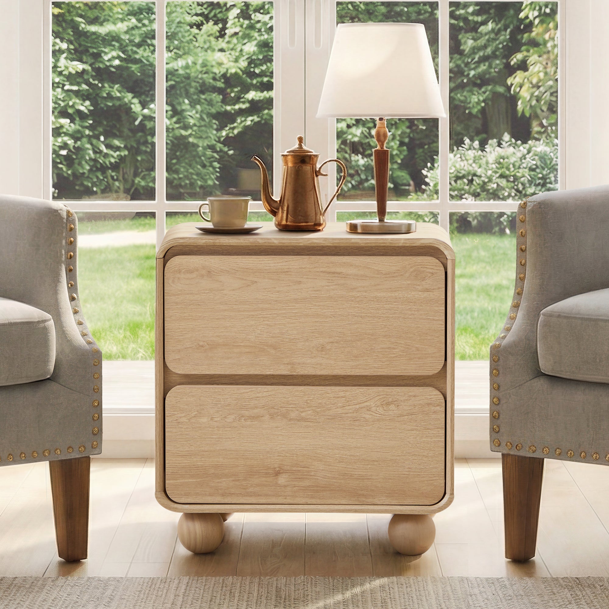YOCWO 2 Drawer Nightstand for Bedroom, Mid Century Bedside Table with Arc Edge and Round Leg, Wood Storage Chest of Drawer Organizer for Bedroom Living Room Hallway Closet