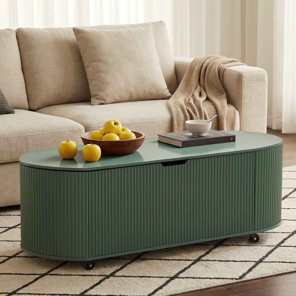 YOCWO Oval Storage Bench with Flip Top and Wheels, Fluted Wave Entryway Bench with Storage End of Bed Bench for Bedroom& Living Room