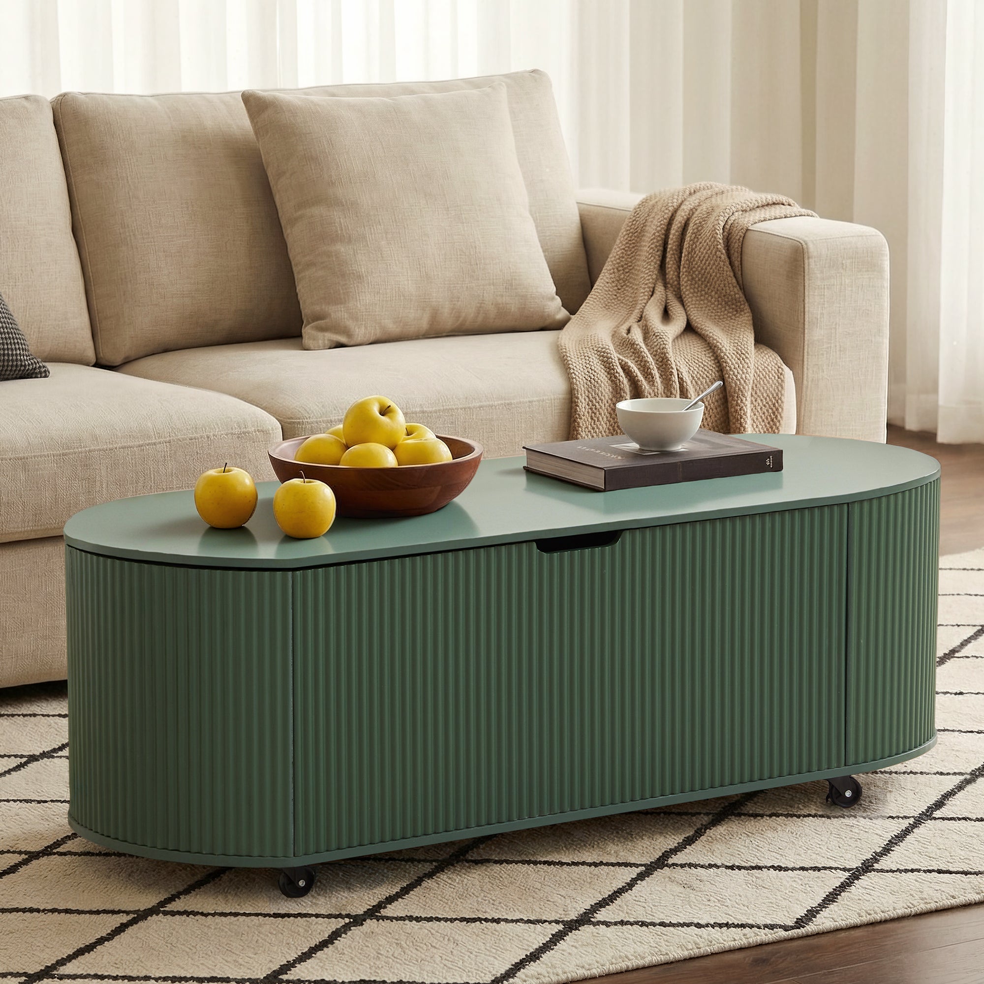 YOCWO Oval Storage Bench with Flip Top and Wheels, Fluted Wave Entryway Bench with Storage End of Bed Bench for Bedroom& Living Room