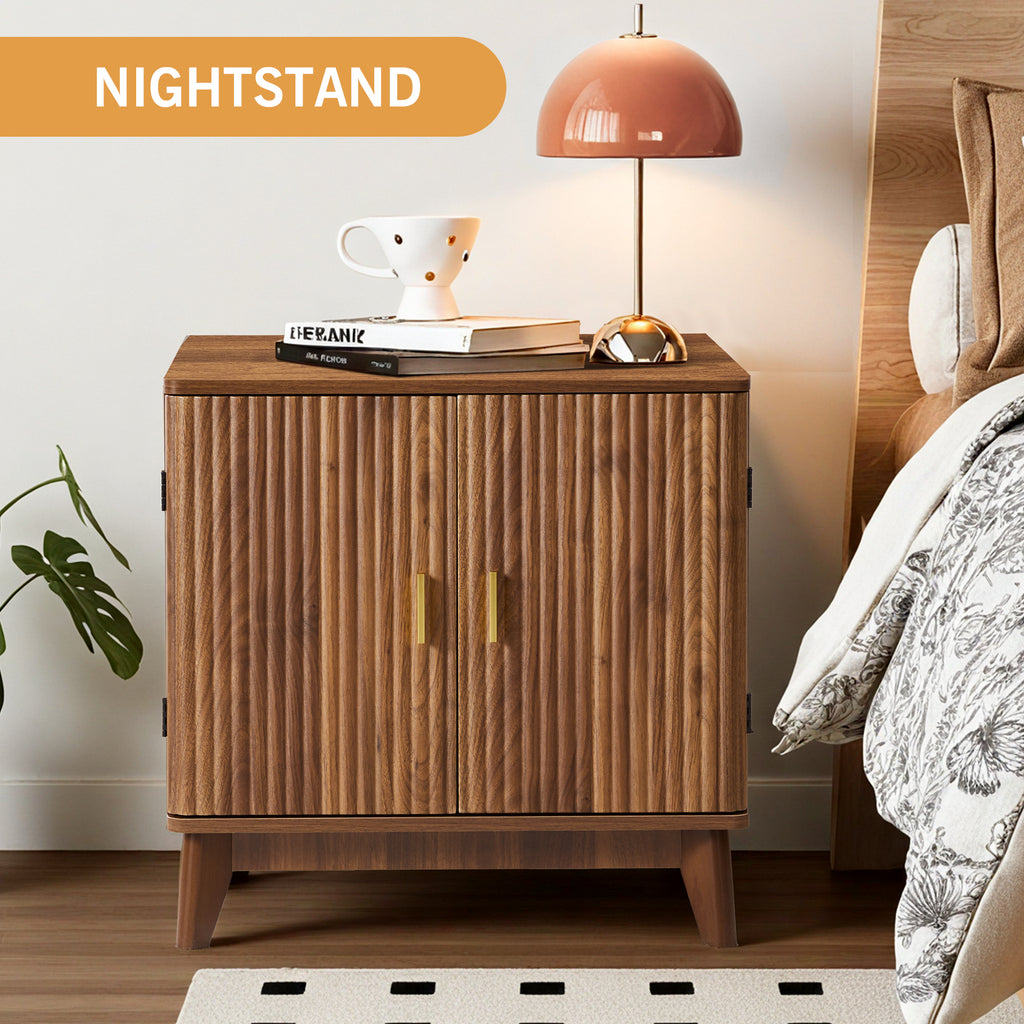 YOCWO Fluted Square Nightstand with Charging Station for Bedroom, Wood End Table with 2 Door for Living Room