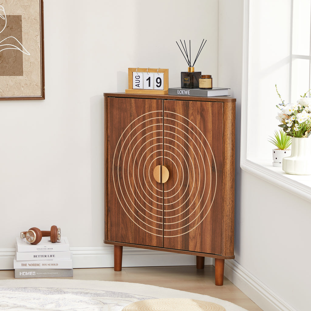 YOCWO Corner Storage Cabinet with Doors, Triangle Wood Floor Freestanding Storage Cabinet with Round Carved Line for Living Room, Bathroom, Kitchen