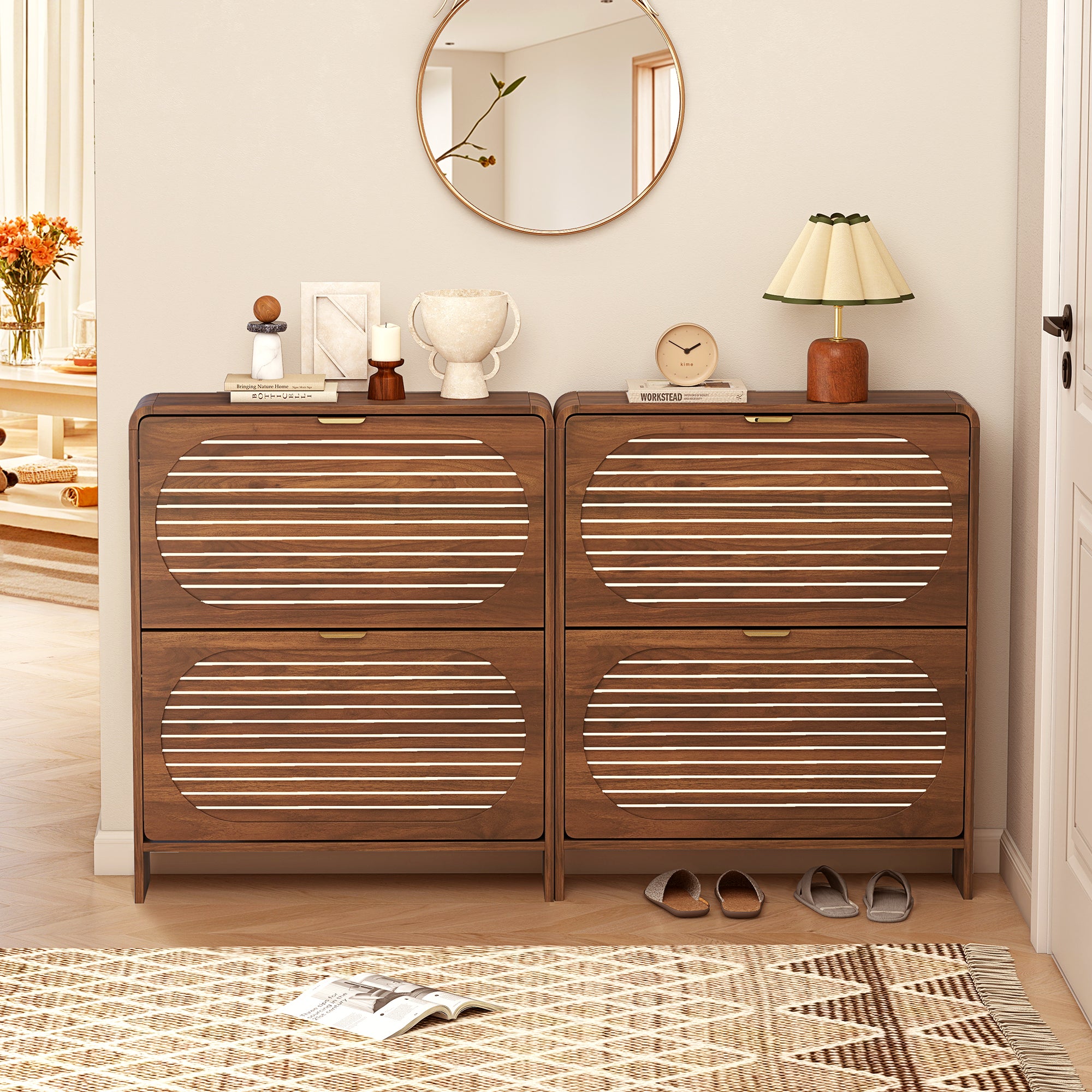 YOCWO Shoe Storage Cabinet with 2 Flip Drawers for Entryway, Shoe Rack Organizer with Printed Oval Line Pattern