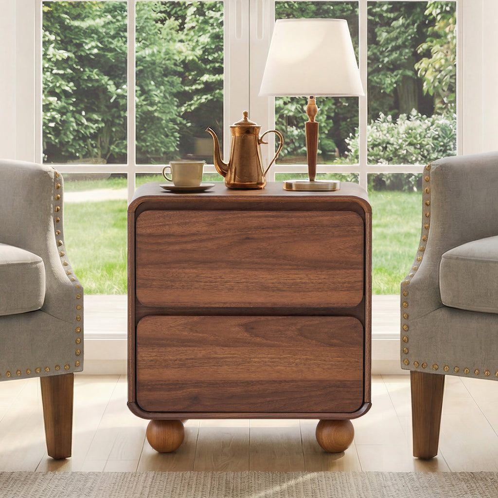 YOCWO 2 Drawer Nightstand for Bedroom, Mid Century Bedside Table with Arc Edge and Round Leg, Wood Storage Chest of Drawer Organizer for Bedroom Living Room Hallway Closet