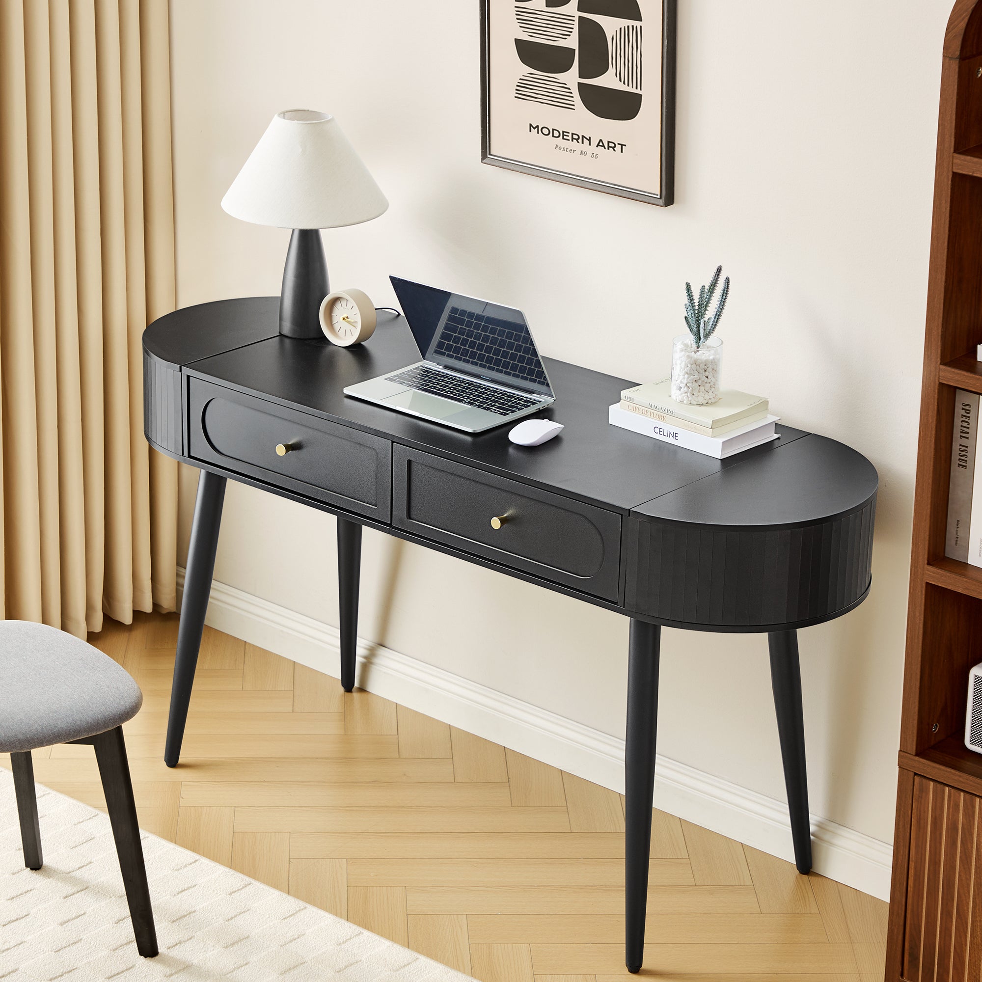 YOCWO Modern Home Office Desk with 2 Drawers and 2 Fflip-top Storage, Oval Computer PC Desk Table, Vanity Desk with Fluted Curved Table Edge