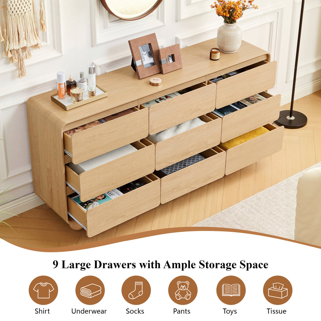 YOCWO 9 Drawer Dresser for Bedroom, Mid Century Chest of Drawers with Arc Edge and Round Leg, Wood Storage Large Dresser Organizer for Bedroom Living Room Hallway Closet