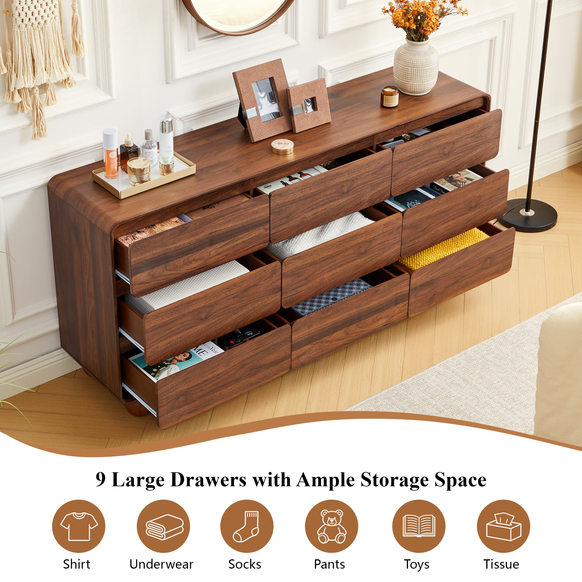 YOCWO 9 Drawer Dresser for Bedroom, Mid Century Chest of Drawers with Arc Edge and Round Leg, Wood Storage Large Dresser Organizer for Bedroom Living Room Hallway Closet