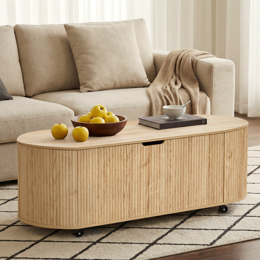YOCWO Oval Storage Bench with Flip Top and Wheels, Fluted Wave Entryway Bench with Storage End of Bed Bench for Bedroom& Living Room