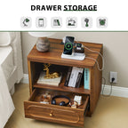 YOCWO Nightstand Set of 2 with Drawers and Charging Station for Bedroom, Mid Century Bedside Table with Open Shelf for Storage, Arched Drawer and Fluted Side
