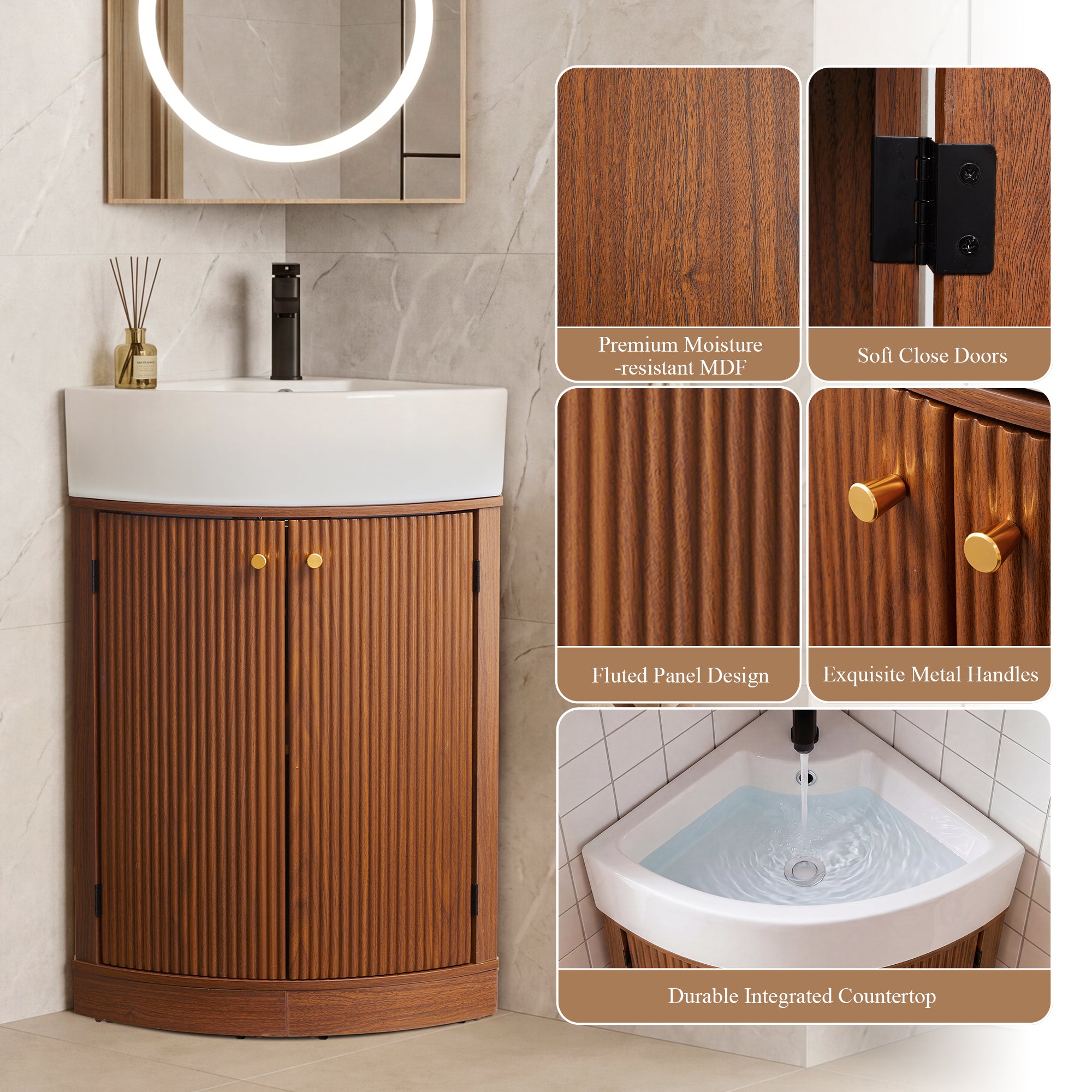 YOCWO Fluted Corner Bathroom Vanity with Sink,Freestanding Space-Saving Bathroom Vanity Sink Combo, Wall Drainage Only, Floor Drainage NO