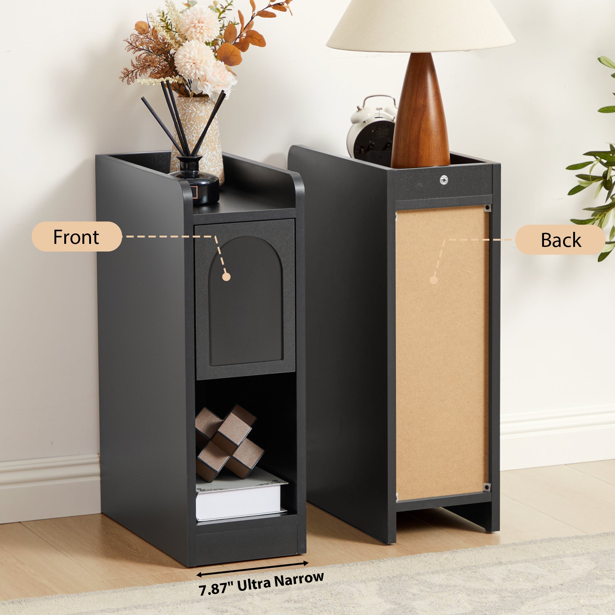 7.87" Ultra Narrow Nightstand Set of 2 with Drawer and Open Shelf, Arched Pattern Design Bedside Table for Bedroom