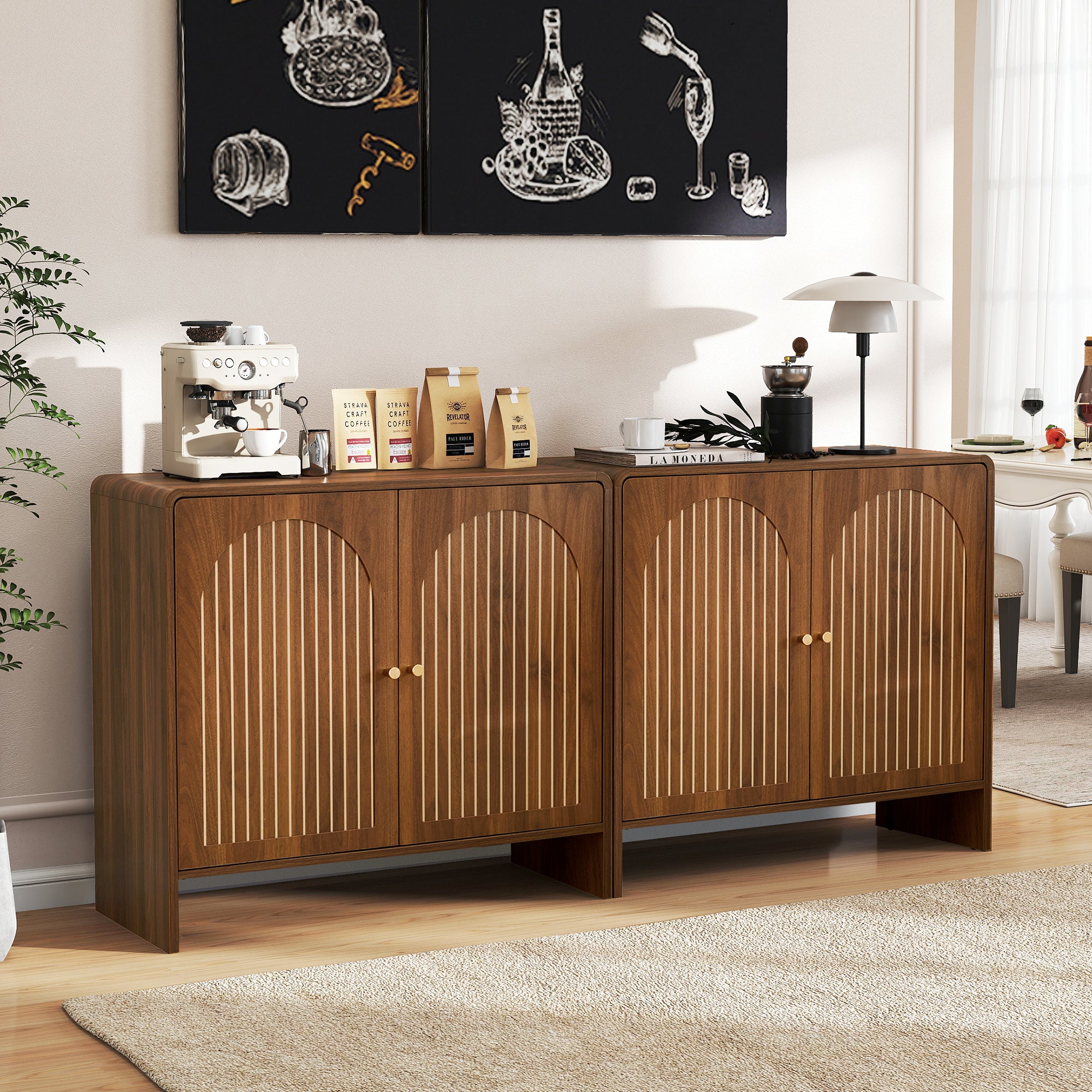 Accent Cabinet with Printed Arched Line Pattern, Modern Buffet Sideboard with Adjustable Shelves, Decorative Storage Cabinets for Bedroom Living Room Kitchen Office Entryway and Hallway