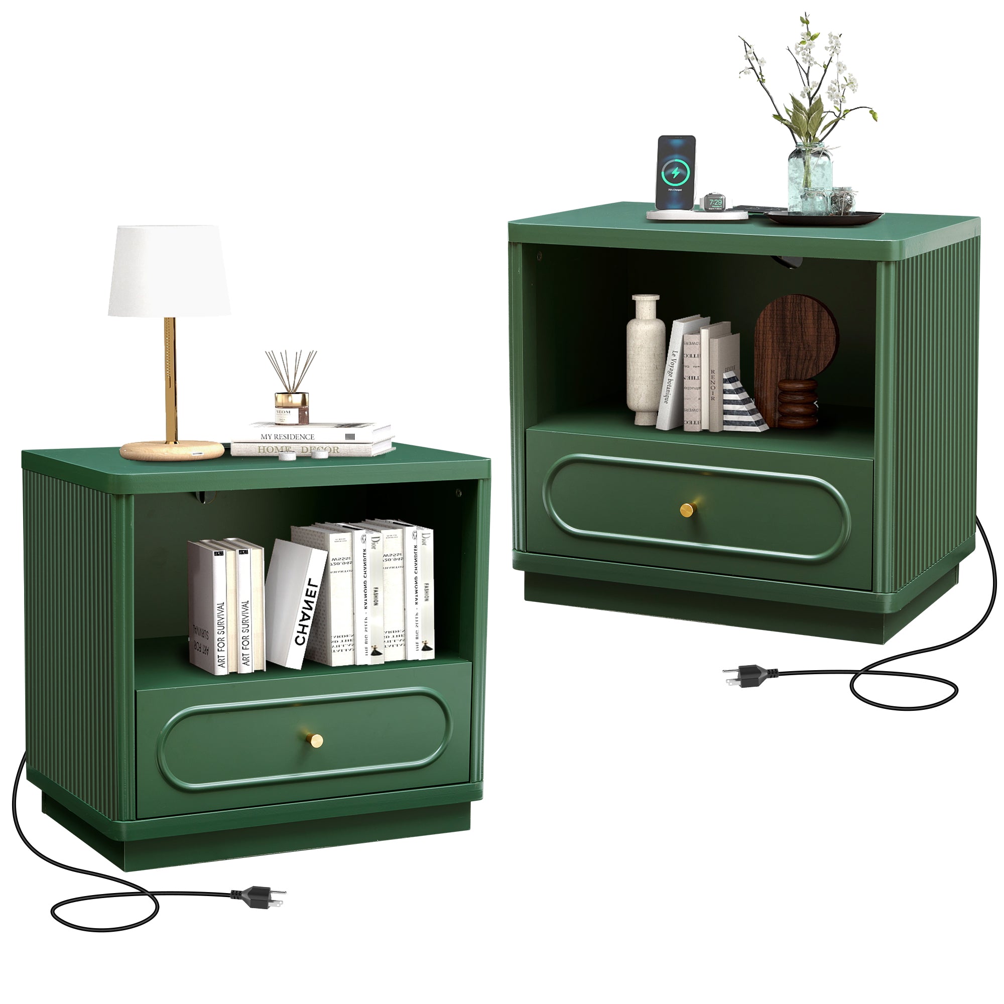 YOCWO Nightstand Set of 2 with Drawers and Charging Station for Bedroom, Mid Century Bedside Table with Open Shelf for Storage, Arched Drawer and Fluted Side