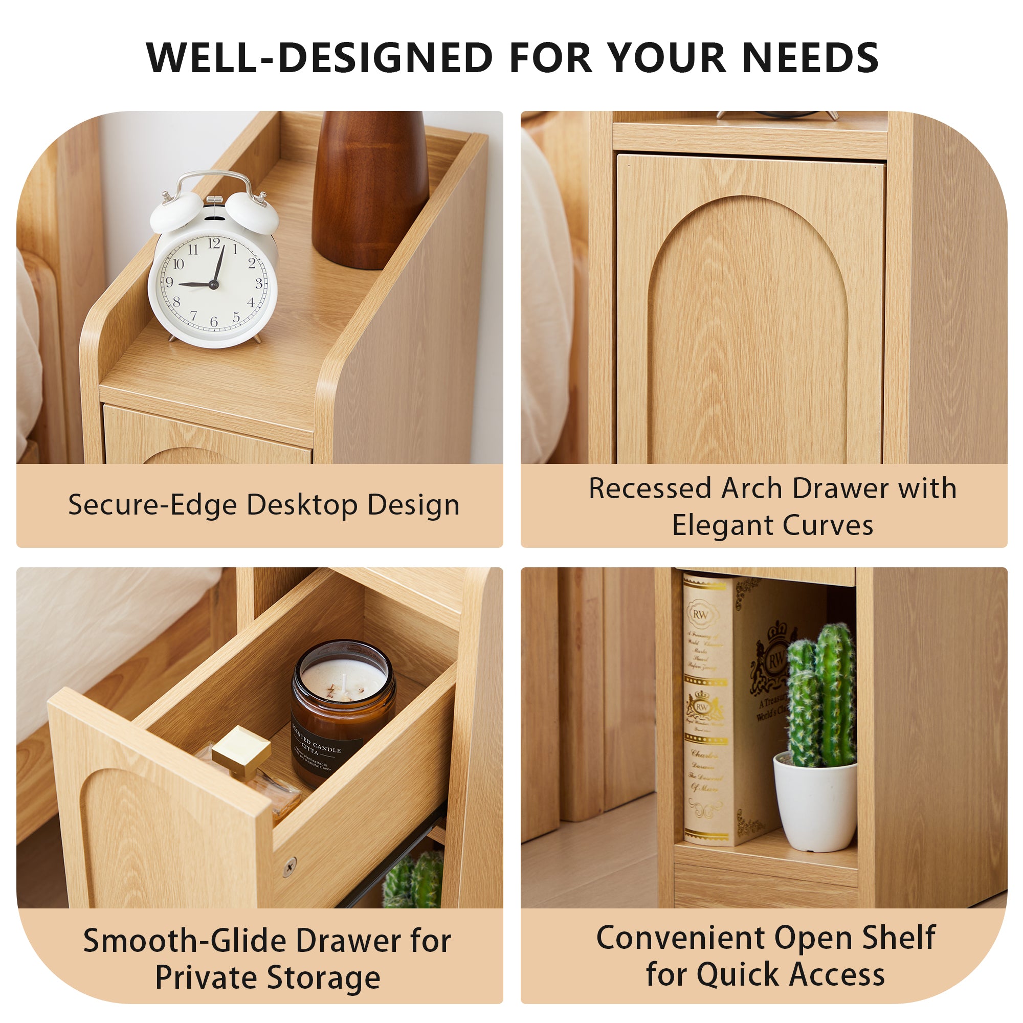 7.87" Ultra Narrow Nightstand Set of 2 with Drawer and Open Shelf, Arched Pattern Design Bedside Table for Bedroom