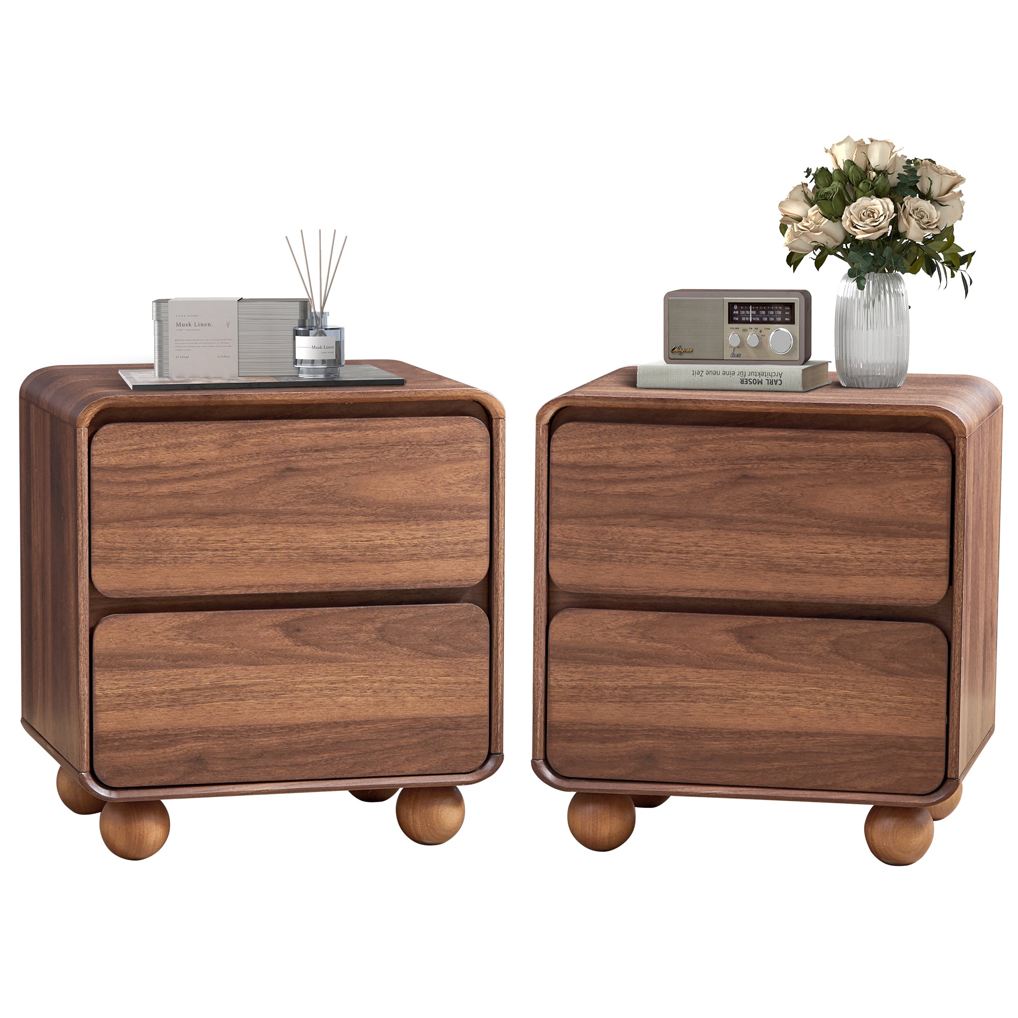 YOCWO Nightstand Set of 2 for Bedroom, Mid Century Bedside Table with Arc Edge and Round Leg, Wood Storage Chest of Drawer Organizer for Bedroom Living Room Hallway Closet