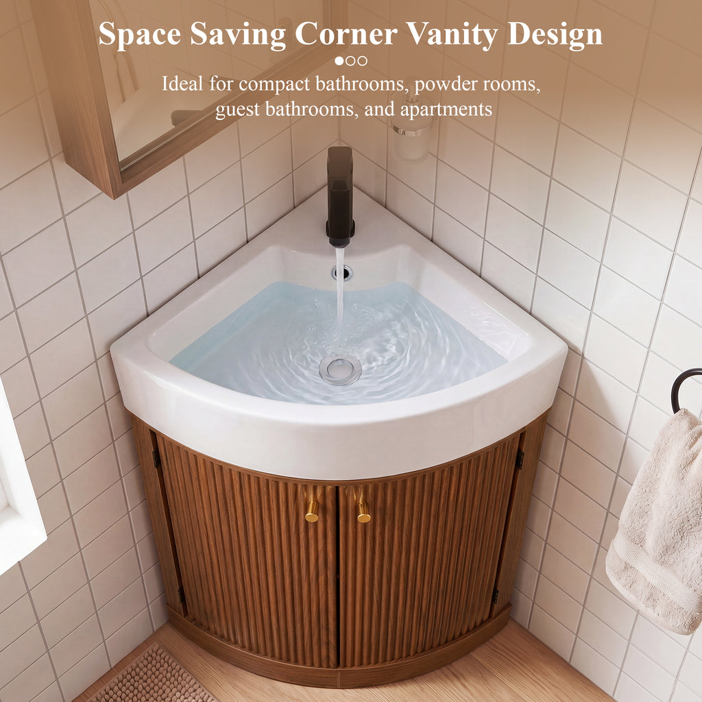 YOCWO Fluted Corner Bathroom Vanity with Sink,Freestanding Space-Saving Bathroom Vanity Sink Combo, Wall Drainage Only, Floor Drainage NO