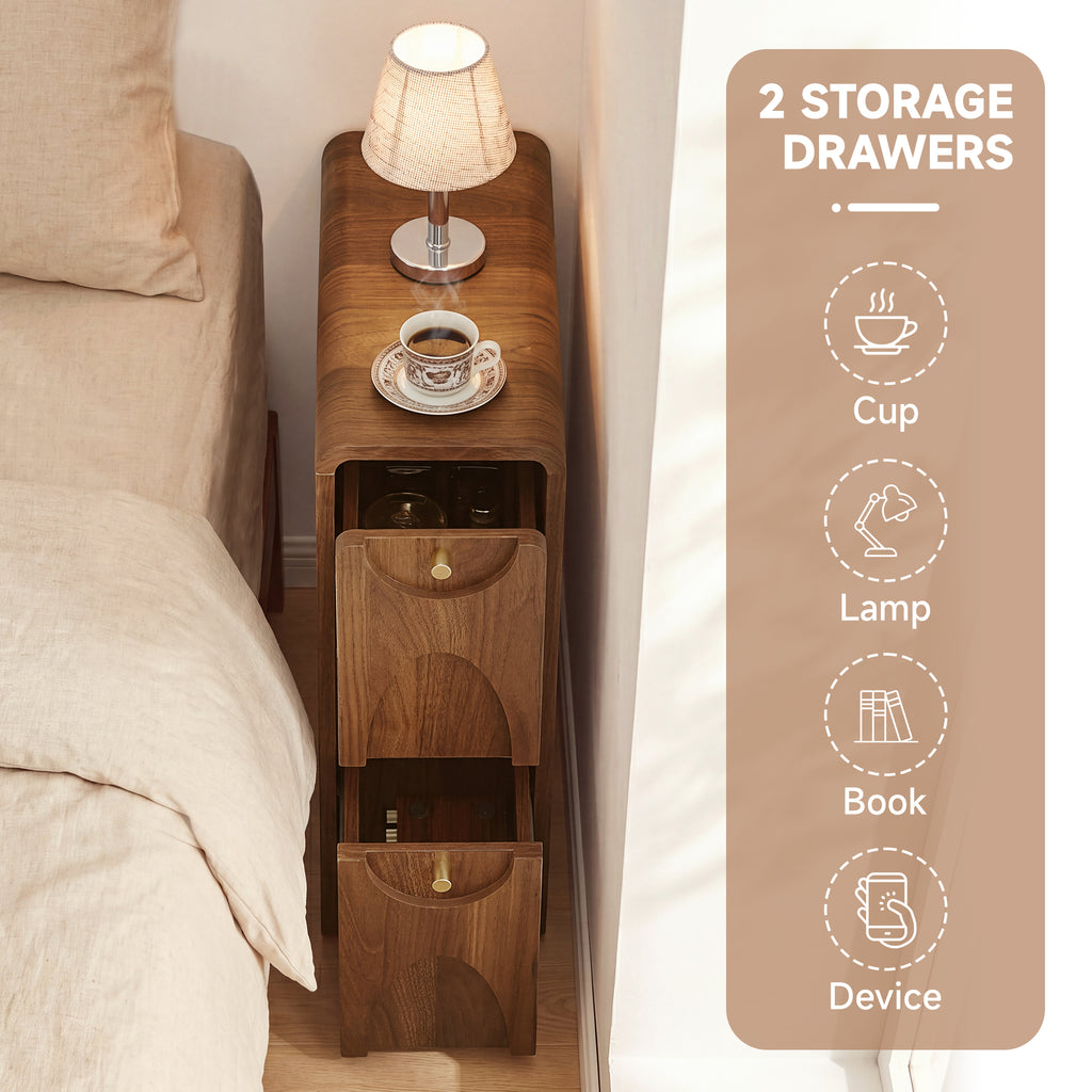 7.87" Ultra Narrow Nightstand with 2 Drawer, Slim End Table with Arched Pattern Design Bedside Table for Bedroom
