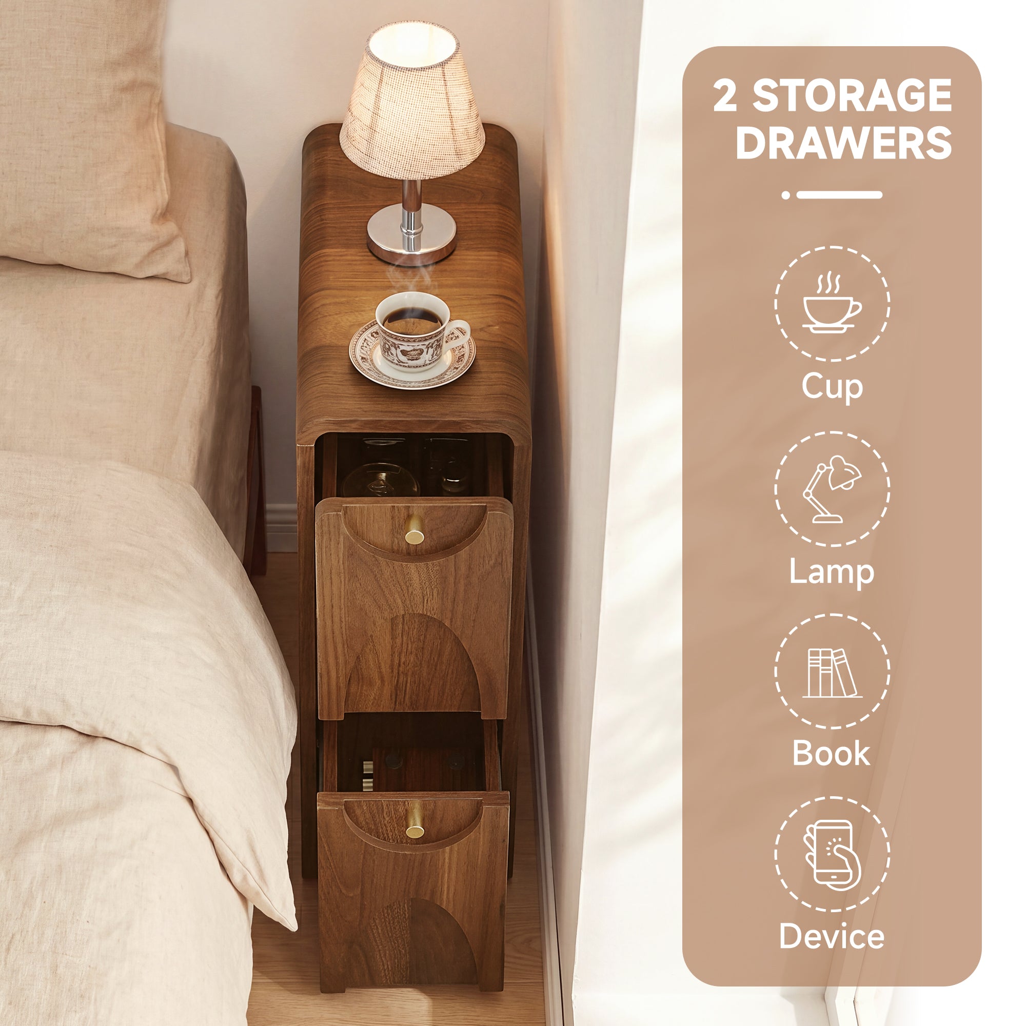 7.87" Ultra Narrow Nightstand with 2 Drawer, Slim End Table with Arched Pattern Design Bedside Table for Bedroom