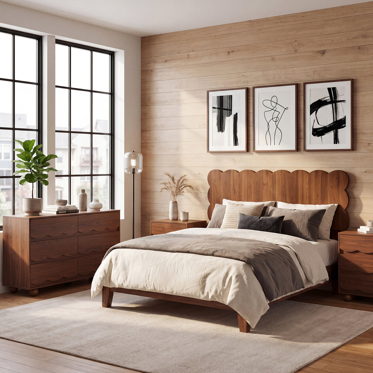YOCWO Scalloped Queen/King/Full Size Headboard, Wooden Headboard with Wave Shape, Modern Farmhouse Bed Headboard, Easy Assembly, Walnut