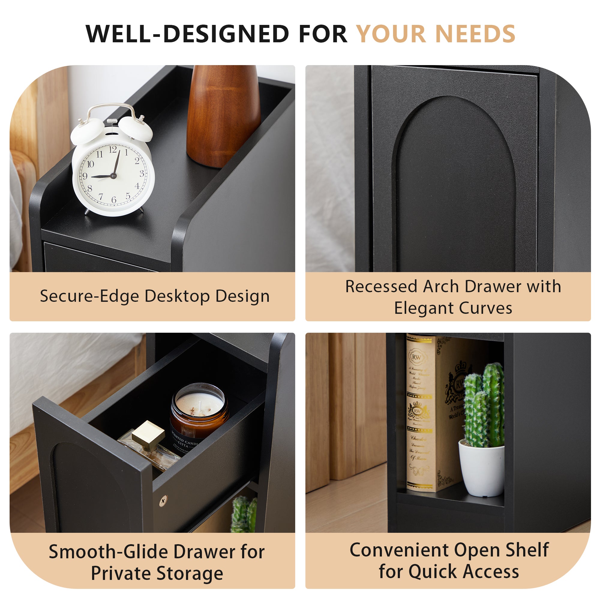 7.87" Ultra Narrow Nightstand Set of 2 with Drawer and Open Shelf, Arched Pattern Design Bedside Table for Bedroom