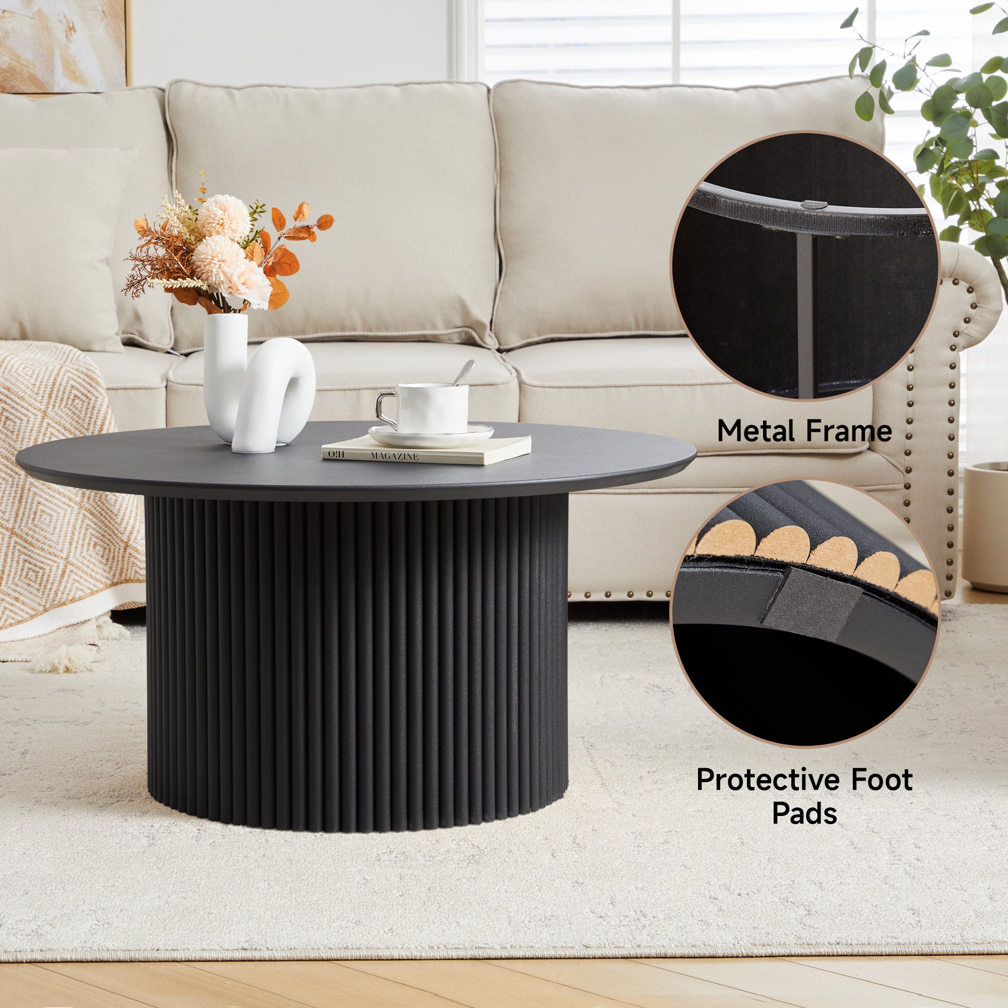 YOCWO 31.5" Small Round Coffee Table for Small Apartment Living Room, Modern Coffee Table with Fluted Drum