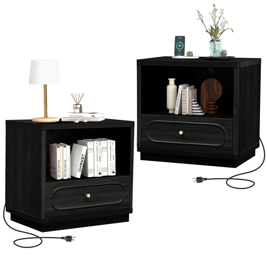 YOCWO Nightstand Set of 2 with Drawers and Charging Station for Bedroom, Mid Century Bedside Table with Open Shelf for Storage, Arched Drawer and Fluted Side