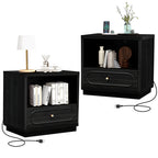 YOCWO Nightstand Set of 2 with Drawers and Charging Station for Bedroom, Mid Century Bedside Table with Open Shelf for Storage, Arched Drawer and Fluted Side