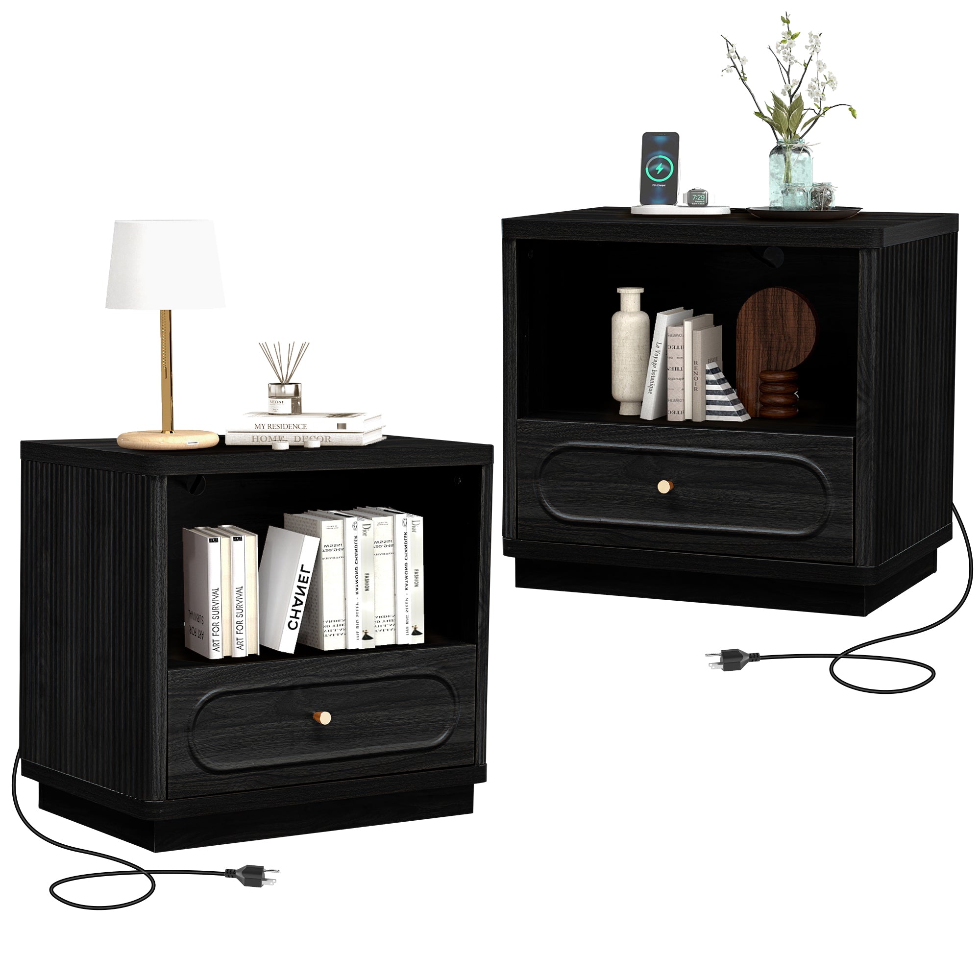 YOCWO Nightstand Set of 2 with Drawers and Charging Station for Bedroom, Mid Century Bedside Table with Open Shelf for Storage, Arched Drawer and Fluted Side