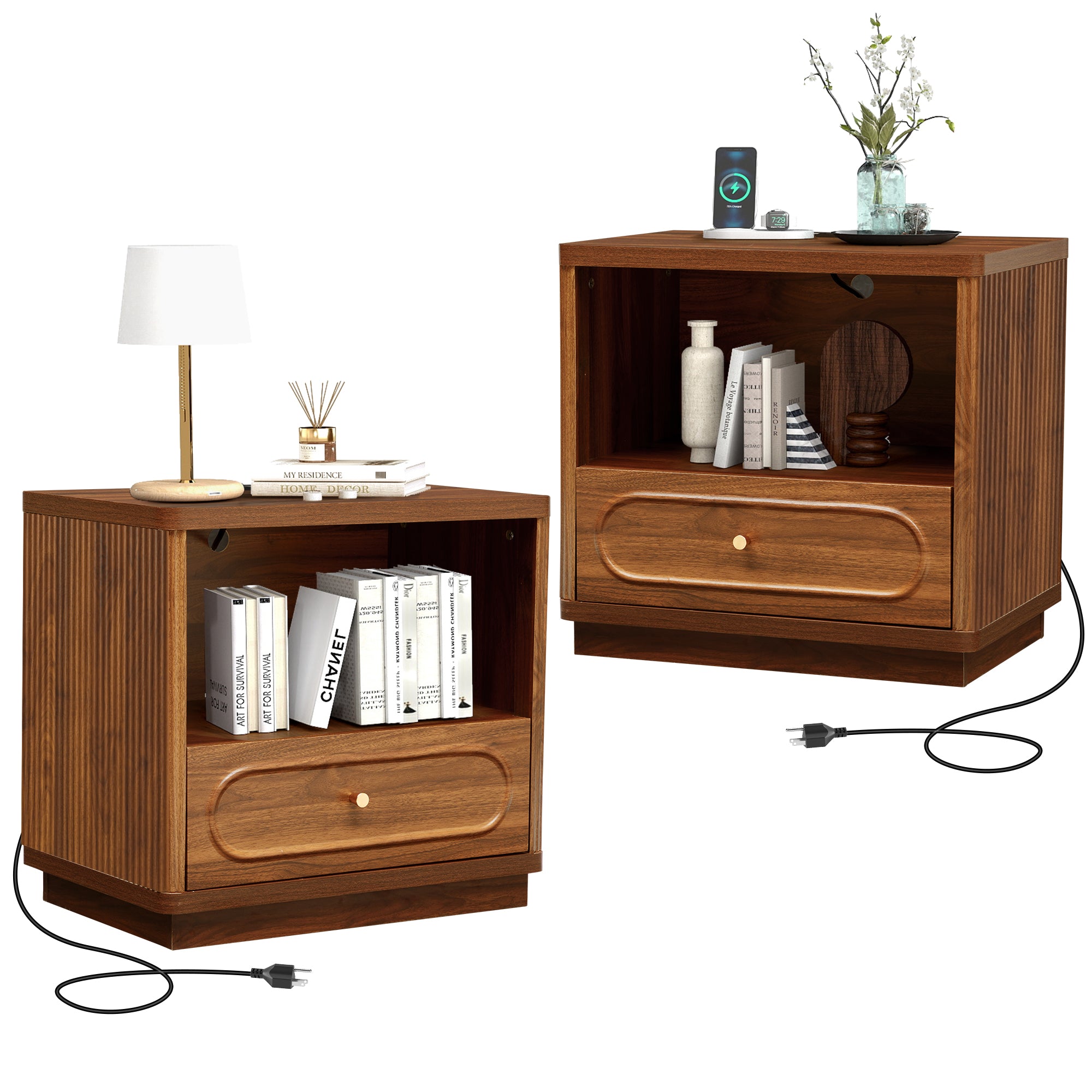 YOCWO Nightstand Set of 2 with Drawers and Charging Station for Bedroom, Mid Century Bedside Table with Open Shelf for Storage, Arched Drawer and Fluted Side
