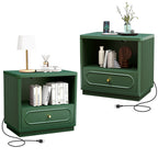 YOCWO Nightstand with Drawers and Charging Station, Mid Century Bedside Table with Open Shelf for Storage, Arched Drawer and Fluted Side