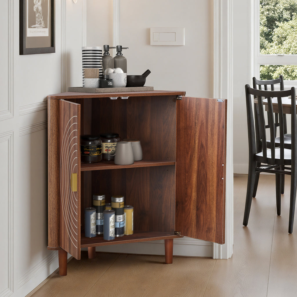 YOCWO Corner Storage Cabinet with Doors, Triangle Wood Floor Freestanding Storage Cabinet with Round Carved Line for Living Room, Bathroom, Kitchen