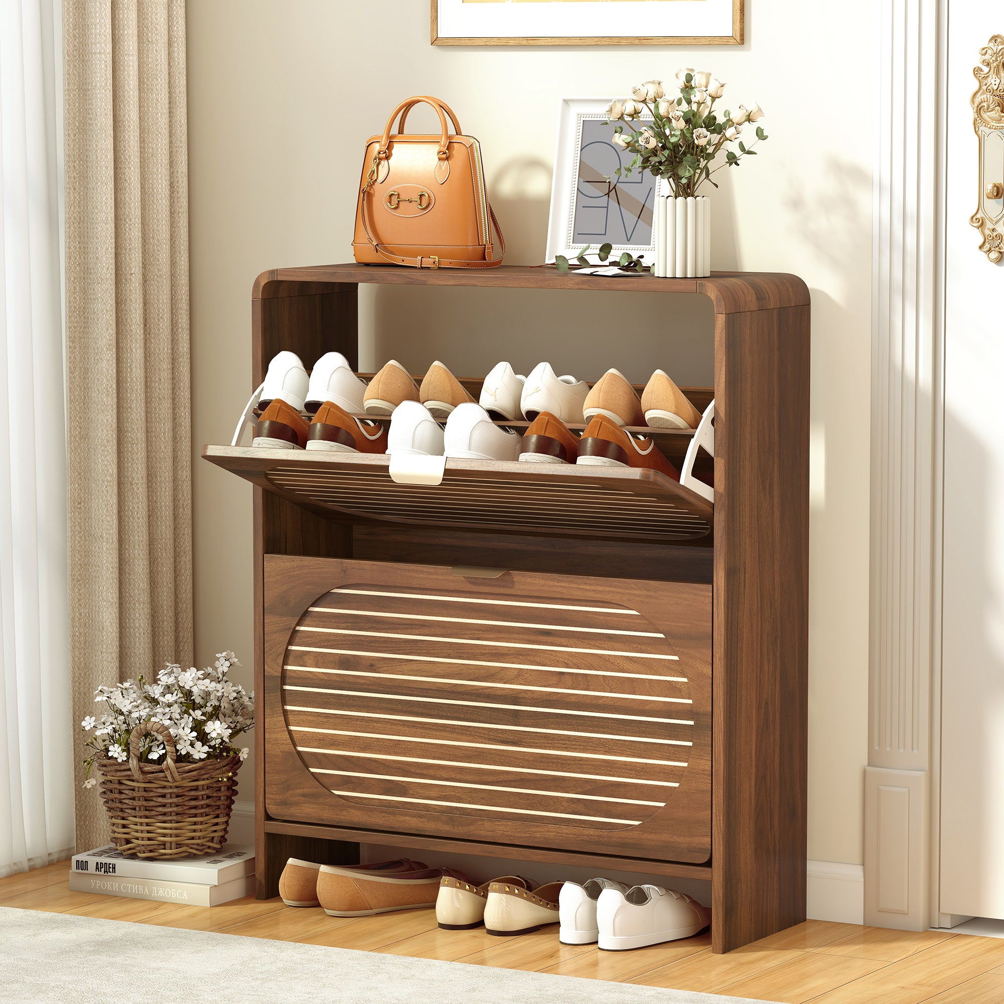 YOCWO Shoe Storage Cabinet with 2 Flip Drawers for Entryway, Shoe Rack Organizer with Printed Oval Line Pattern