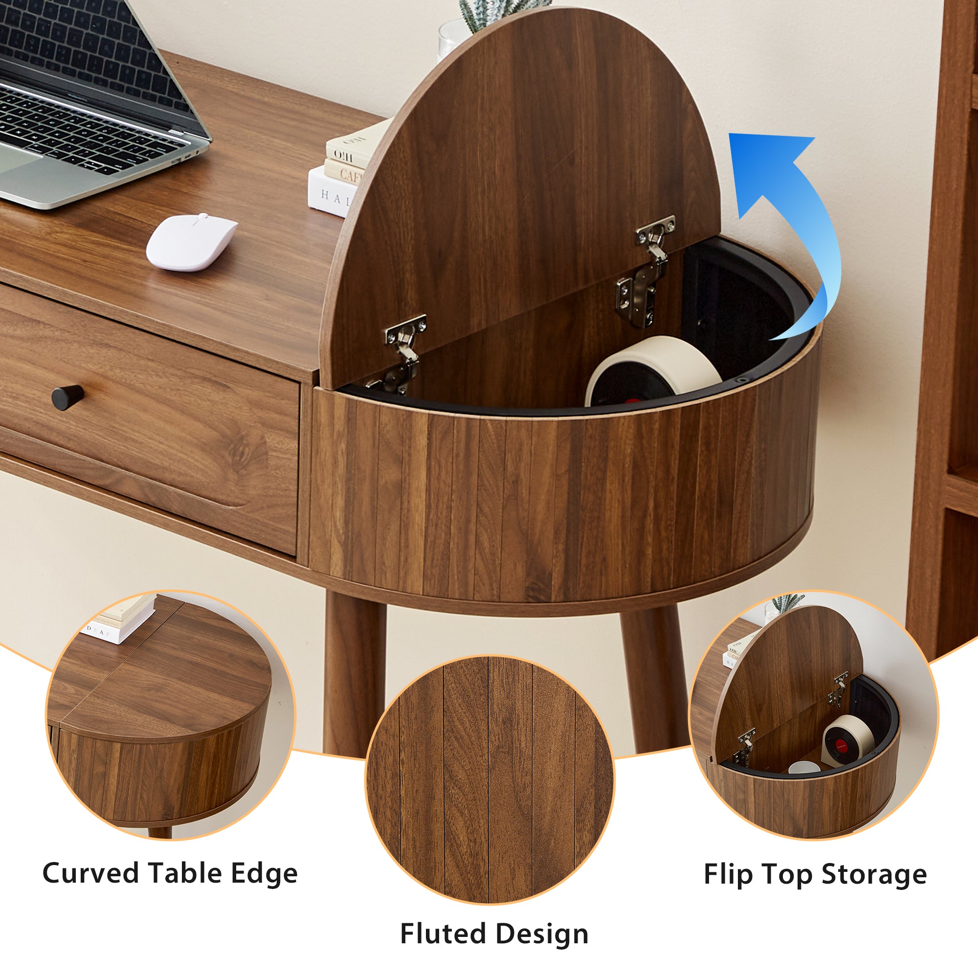 YOCWO Modern Home Office Desk with 2 Drawers and 2 Fflip-top Storage, Oval Computer PC Desk Table, Vanity Desk with Fluted Curved Table Edge
