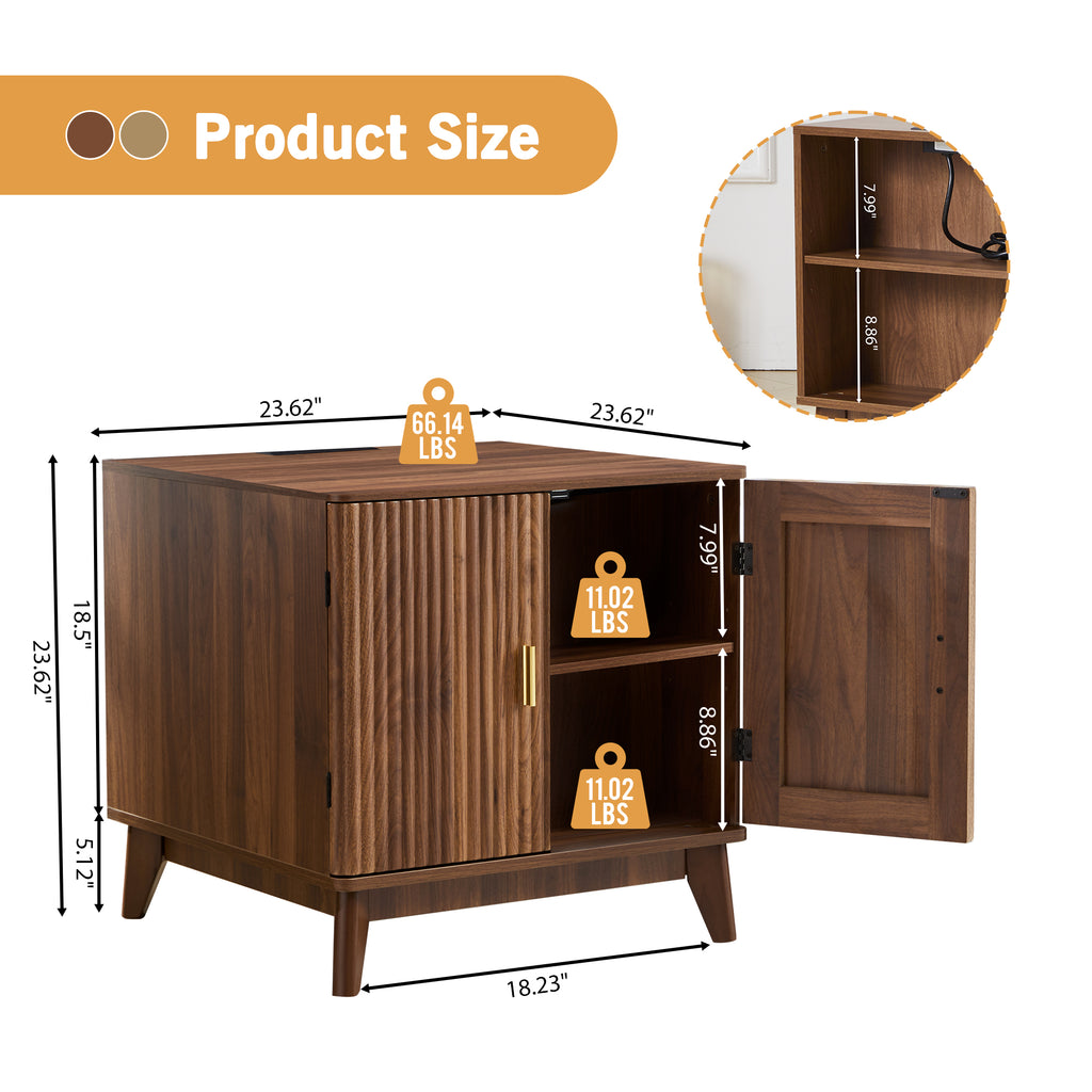 YOCWO Fluted Square Nightstand with Charging Station for Bedroom, Wood End Table with 2 Door for Living Room