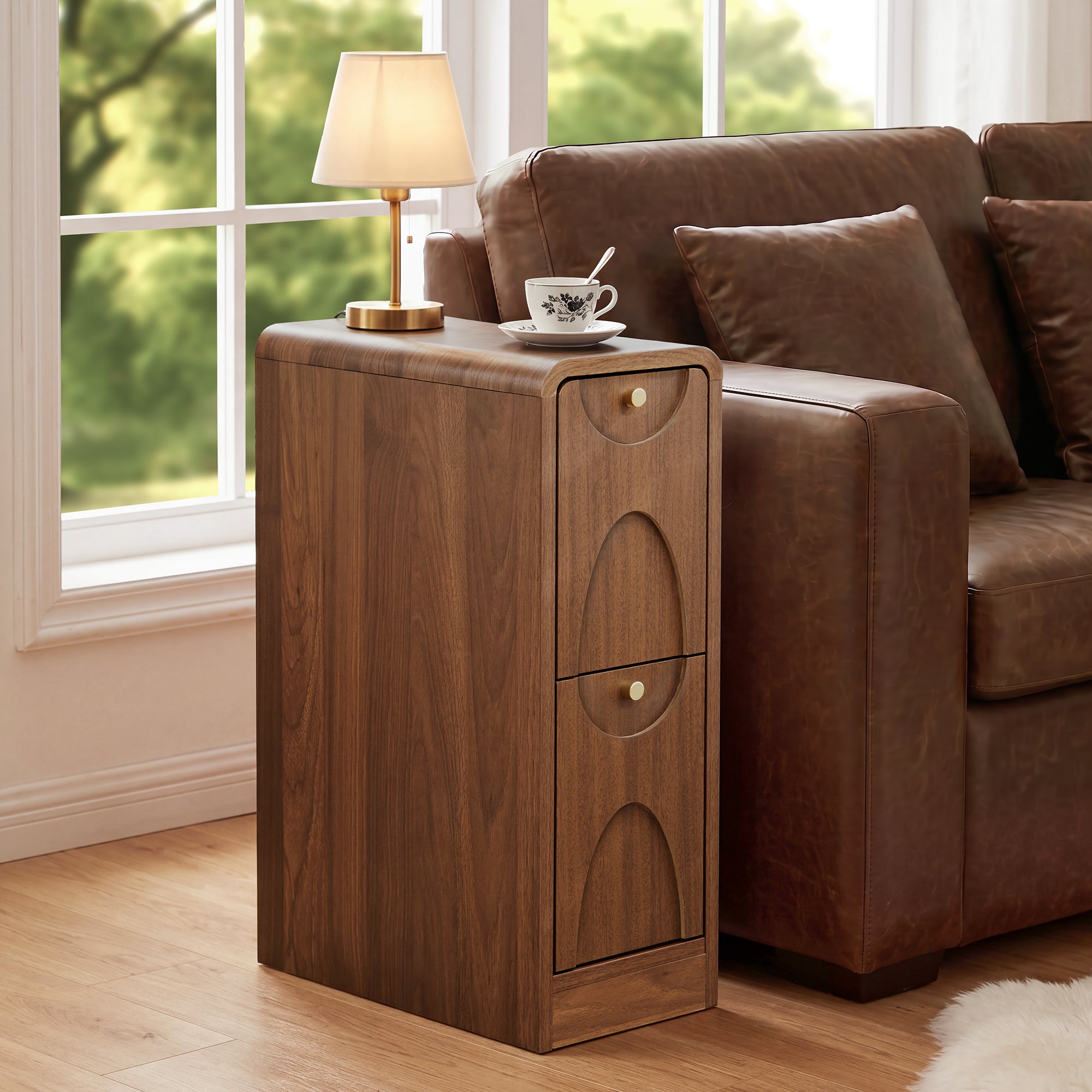 7.87" Ultra Narrow Nightstand with 2 Drawer, Slim End Table with Arched Pattern Design Bedside Table for Bedroom