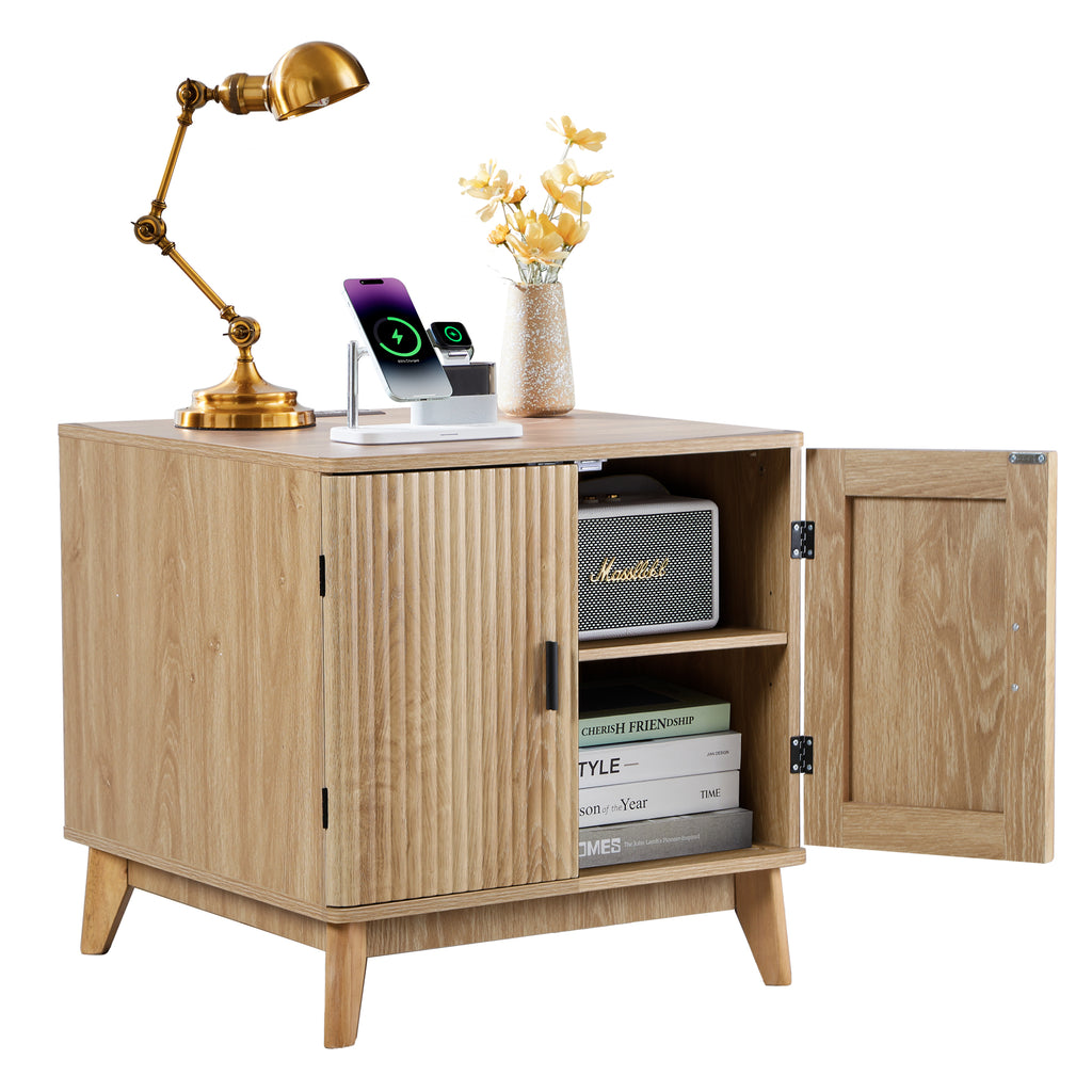 YOCWO Fluted Square Nightstand with Charging Station for Bedroom, Wood End Table with 2 Door for Living Room