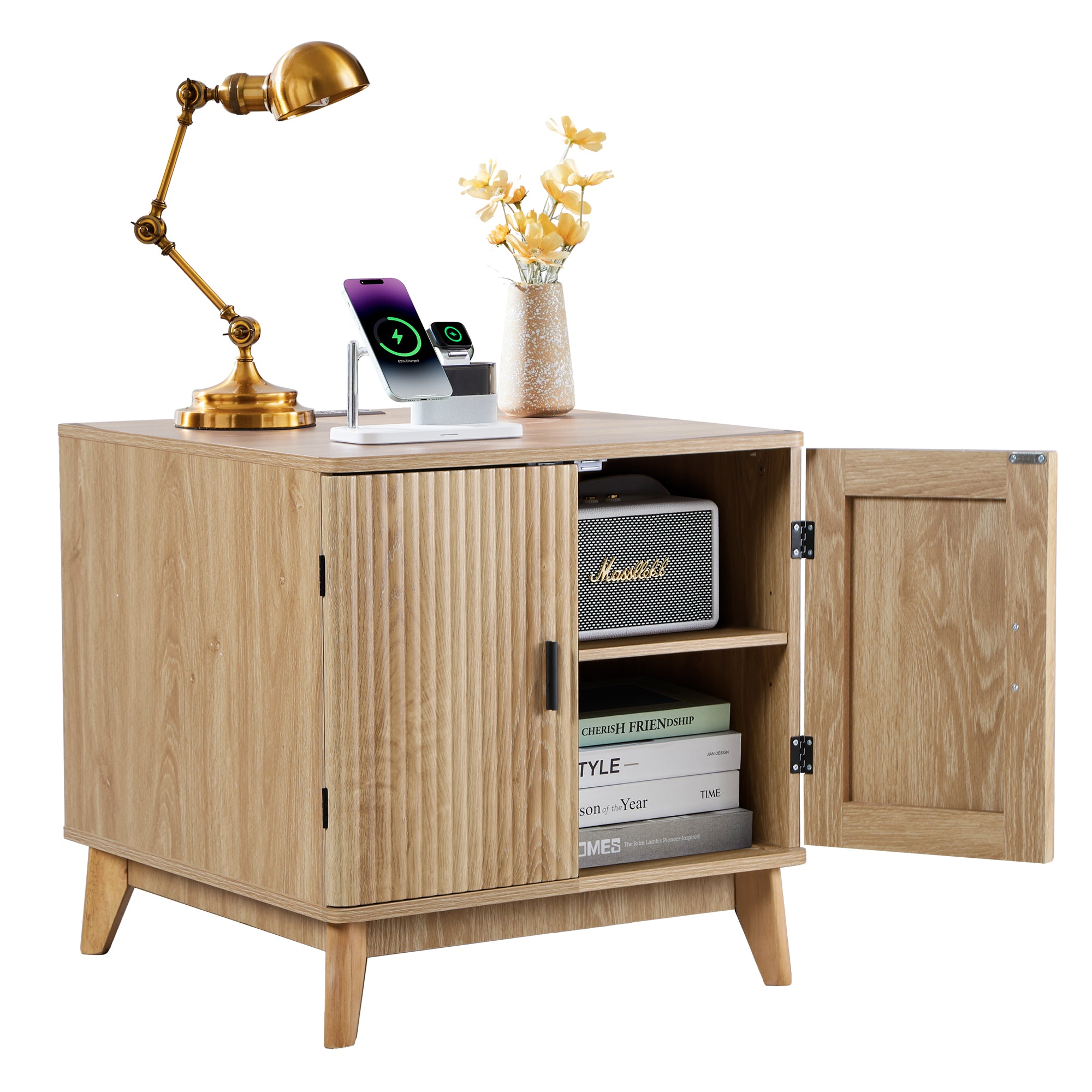 YOCWO Fluted Square Nightstand with Charging Station for Bedroom, Wood End Table with 2 Door for Living Room
