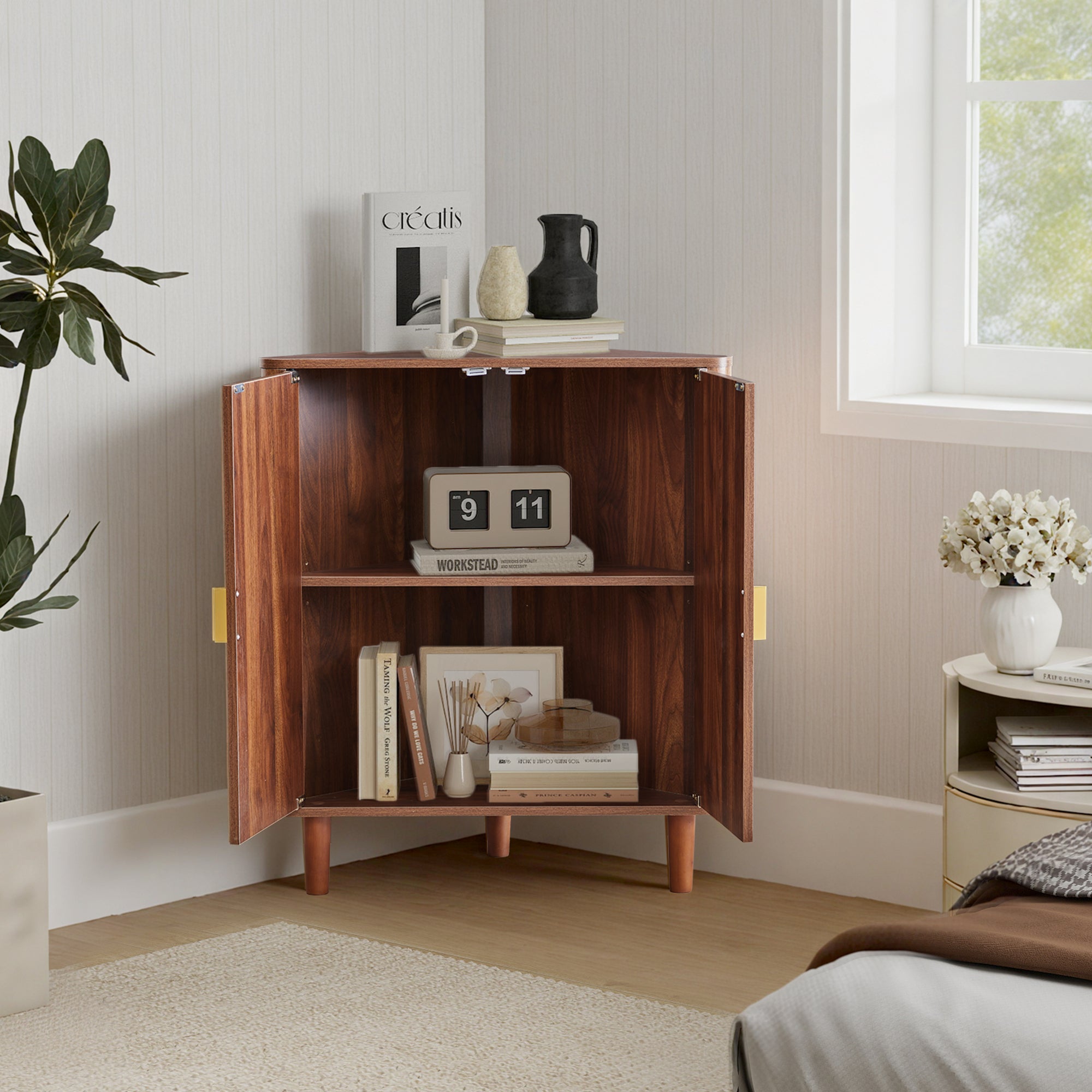 YOCWO Corner Storage Cabinet with Doors, Triangle Wood Floor Freestanding Storage Cabinet with Round Carved Line for Living Room, Bathroom, Kitchen