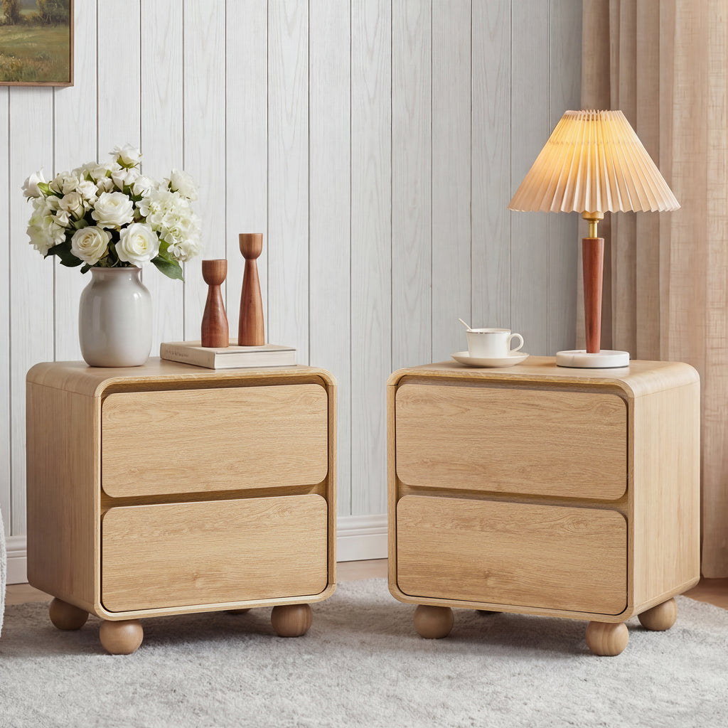 YOCWO 2 Drawer Nightstand for Bedroom, Mid Century Bedside Table with Arc Edge and Round Leg, Wood Storage Chest of Drawer Organizer for Bedroom Living Room Hallway Closet