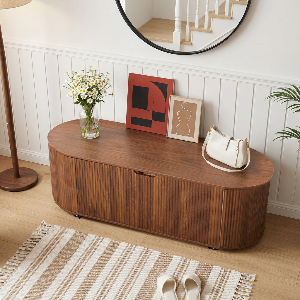 YOCWO Oval Storage Bench with Flip Top and Wheels, Fluted Wave Entryway Bench with Storage End of Bed Bench for Bedroom& Living Room