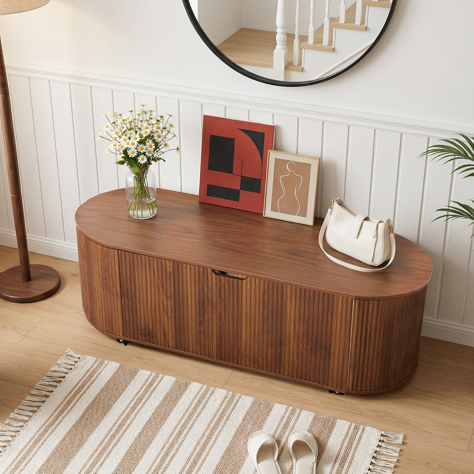 YOCWO Oval Storage Bench with Flip Top and Wheels, Fluted Wave Entryway Bench with Storage End of Bed Bench for Bedroom& Living Room