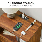 YOCWO Nightstand Set of 2 with Drawers and Charging Station for Bedroom, Mid Century Bedside Table with Open Shelf for Storage, Arched Drawer and Fluted Side