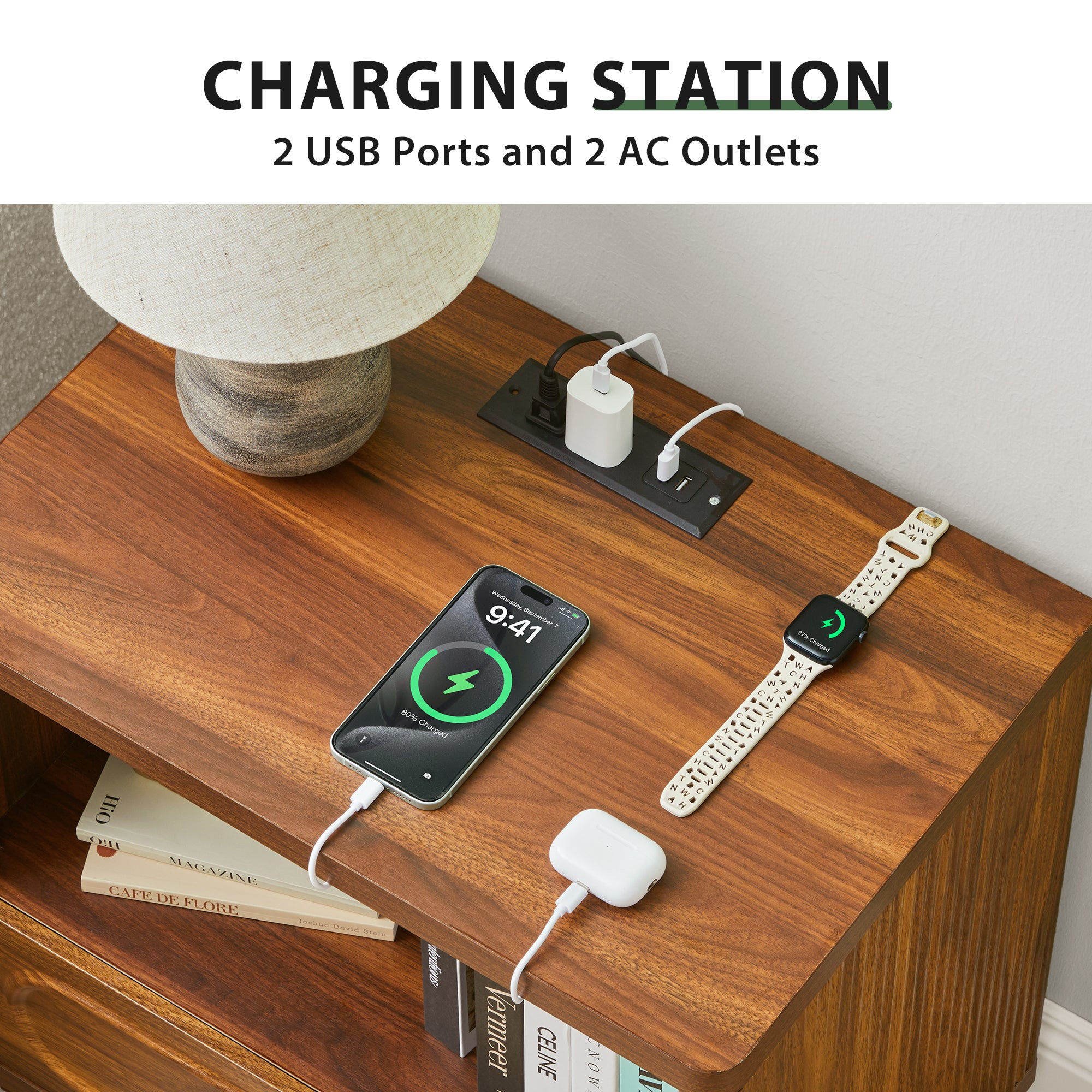 YOCWO Nightstand Set of 2 with Drawers and Charging Station for Bedroom, Mid Century Bedside Table with Open Shelf for Storage, Arched Drawer and Fluted Side