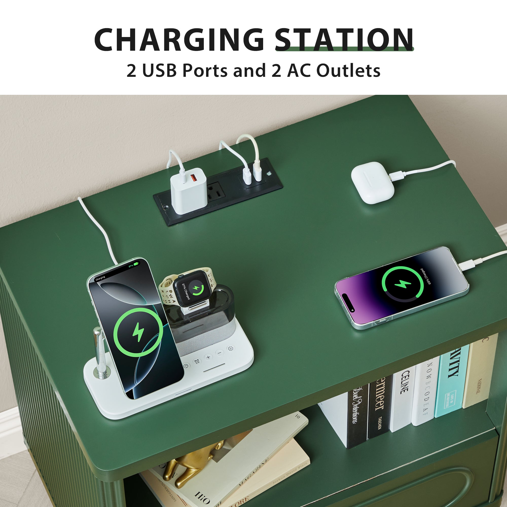 YOCWO Nightstand with Drawers and Charging Station, Mid Century Bedside Table with Open Shelf for Storage, Arched Drawer and Fluted Side