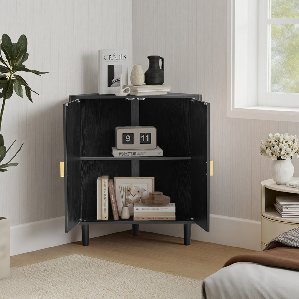 YOCWO Corner Storage Cabinet with Doors, Triangle Wood Floor Freestanding Storage Cabinet with Round Carved Line for Living Room, Bathroom, Kitchen