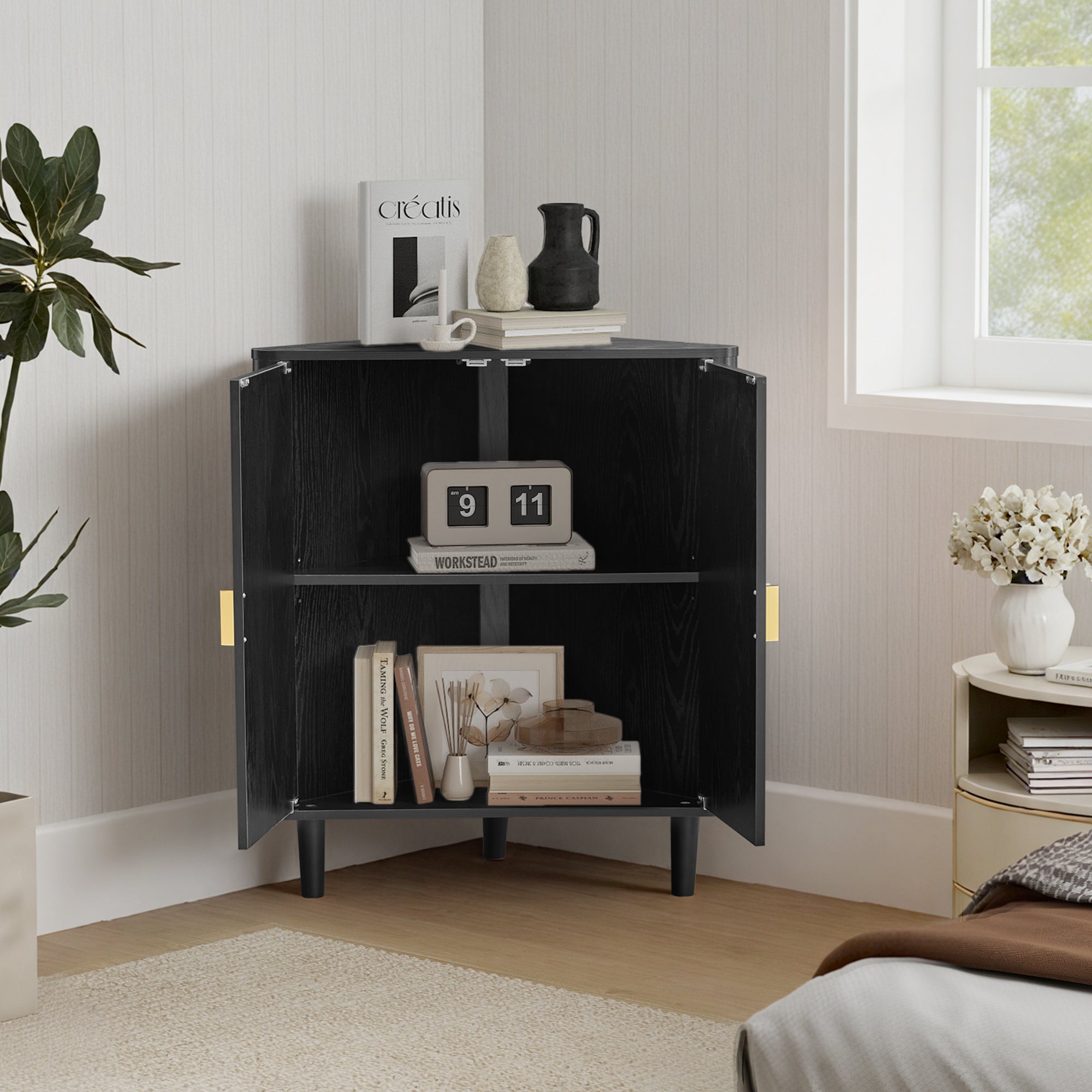 YOCWO Corner Storage Cabinet with Doors, Triangle Wood Floor Freestanding Storage Cabinet with Round Carved Line for Living Room, Bathroom, Kitchen